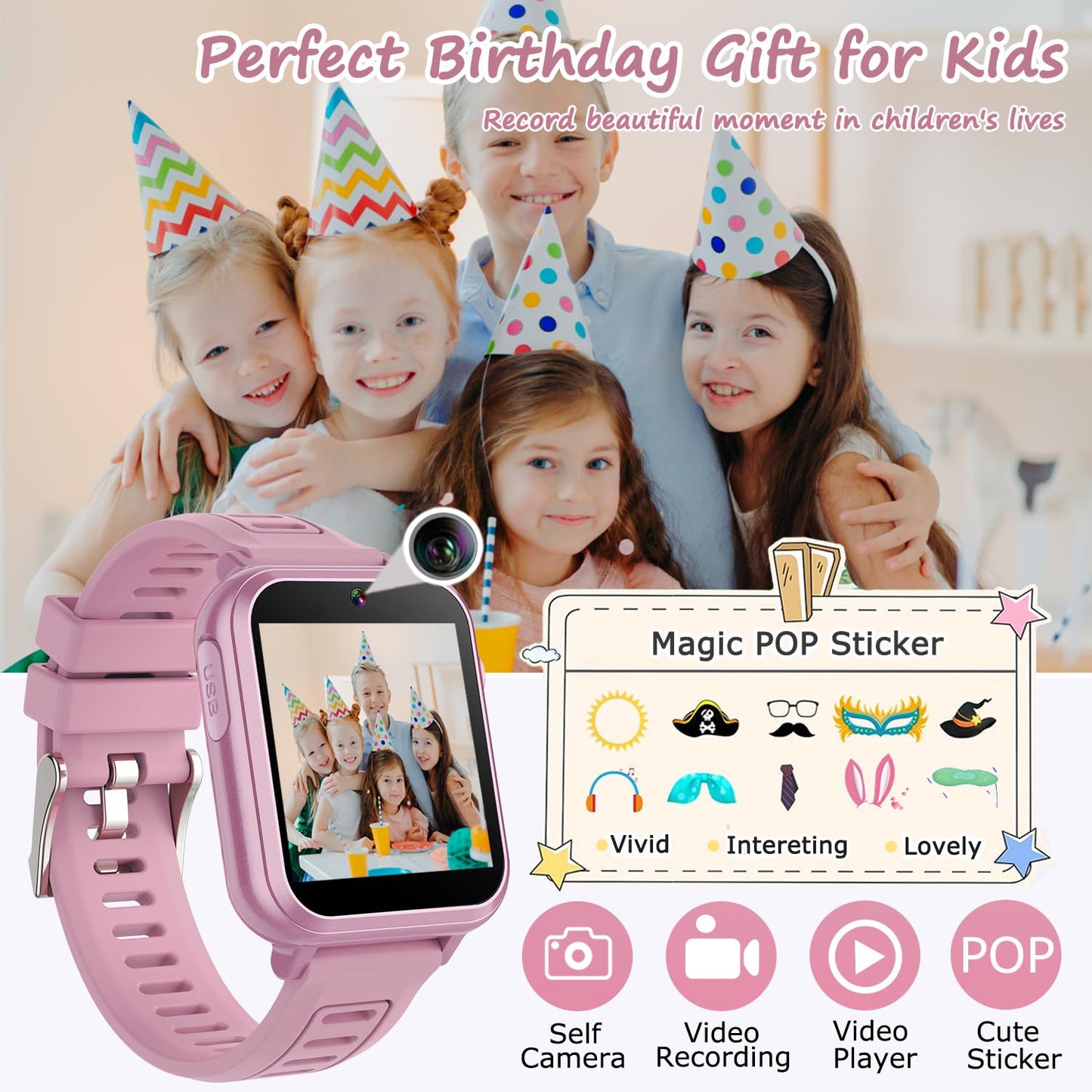 Wiszodet Smart Watch for Kids with 36 Games HD Touch Touchscreen Alarm Clock, Camera Music Player Pedometer Flashlight 12/24 hr Video & Audio Recording, Toys Gift for 3-12 Years Old Girls
