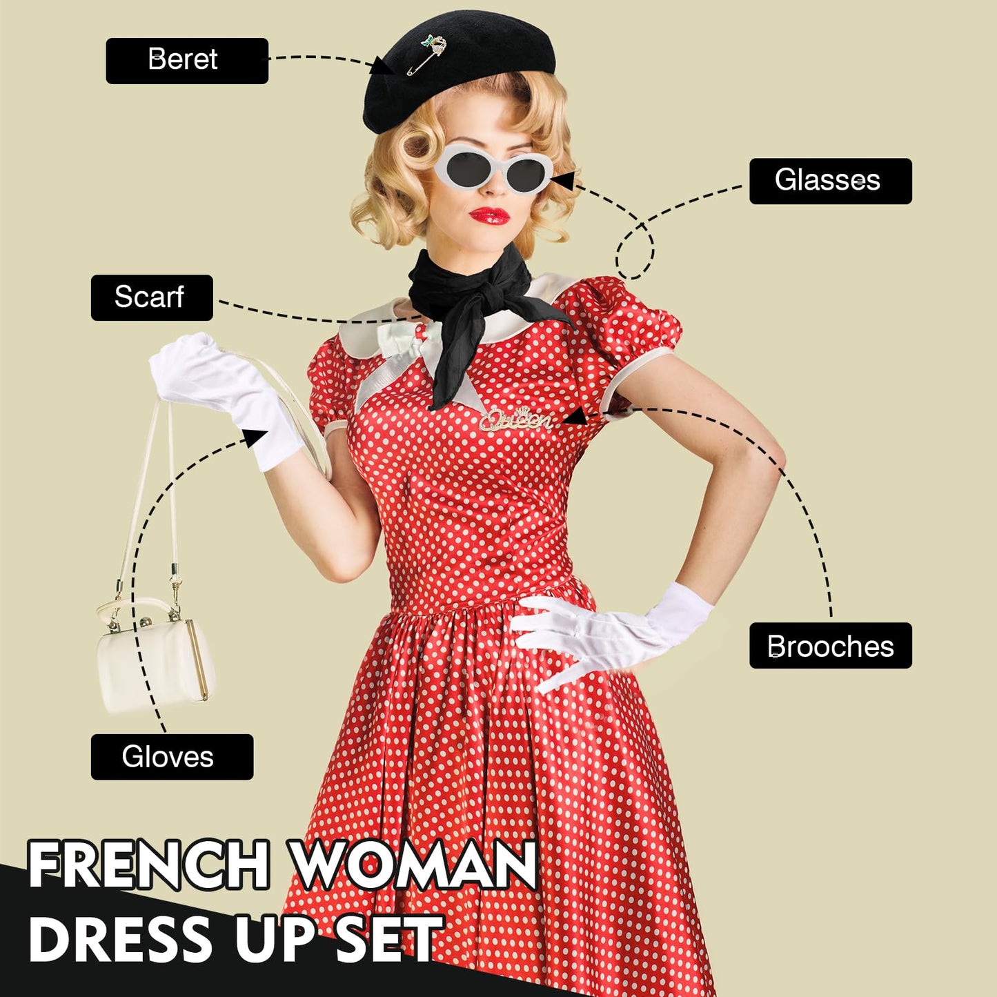XEPST 6PCS French Women set - 50s Fancy Dress for Women with Black Beret Sunglasses Scarf Gloves Brooches French Artist Mime Kit for Halloween Costumes Cosplay Carnival Fancy Dress Up, Black