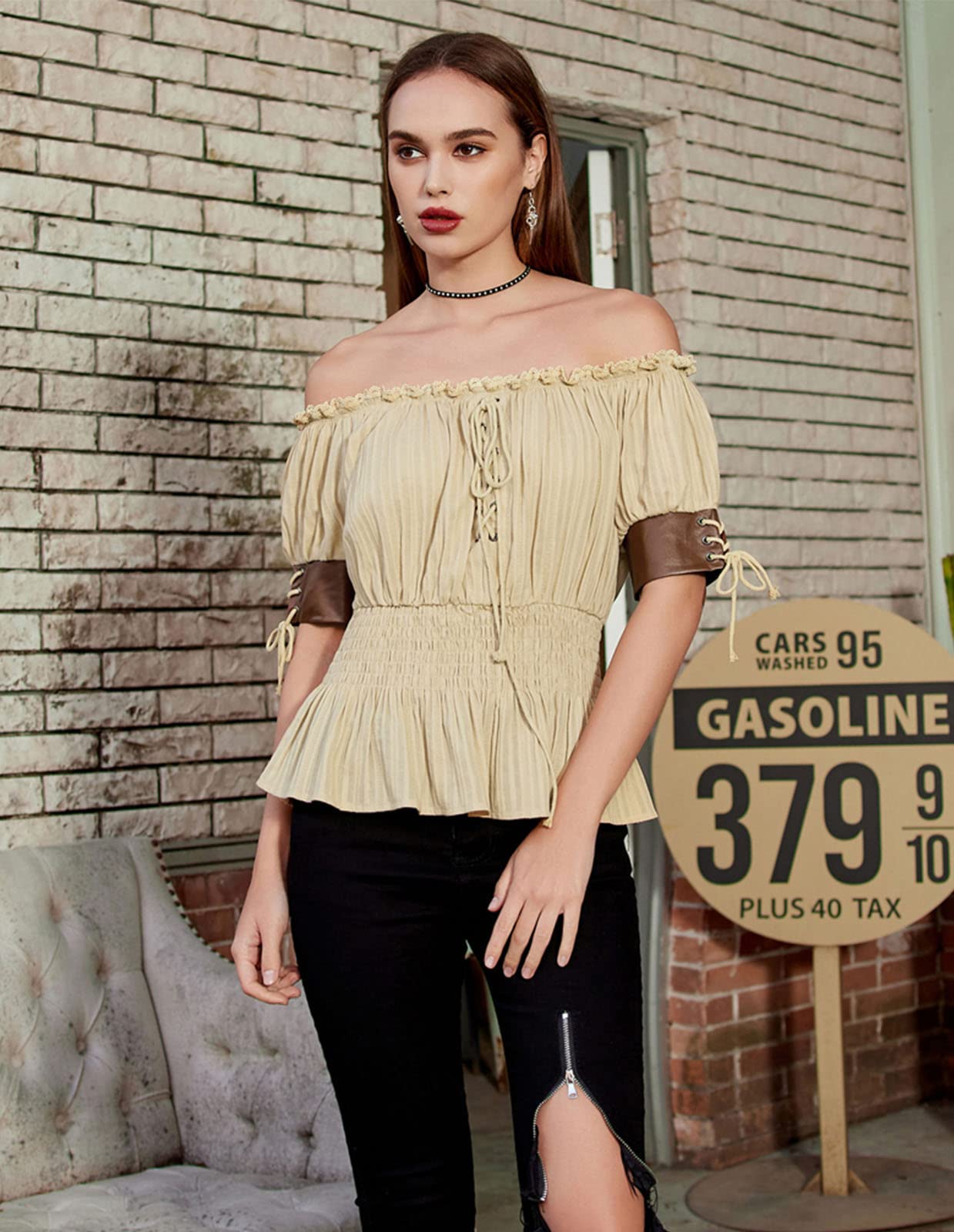 Women's Victorian Gothic Top Renaissance Peasant Smocked Off Shoulder Shirts Khaki M