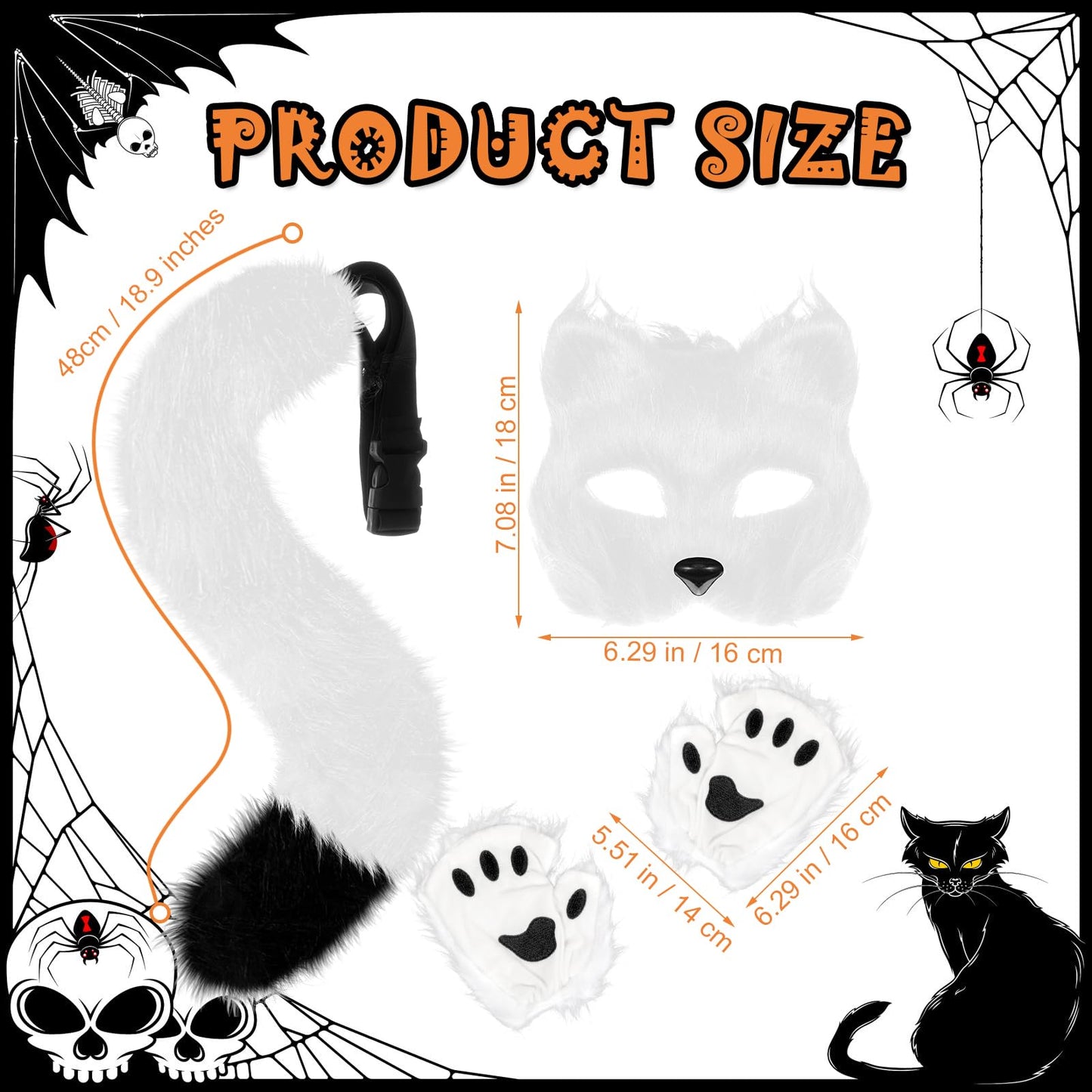 XEPST Furry Fox Wolf Cosplay Set with Mask Tail Paw Gloves, Animal Cosplay Costume Kit for Anime Fancy Dress Accessories Halloween Christmas Dress Up Carnival Role Play Party Supplies, White