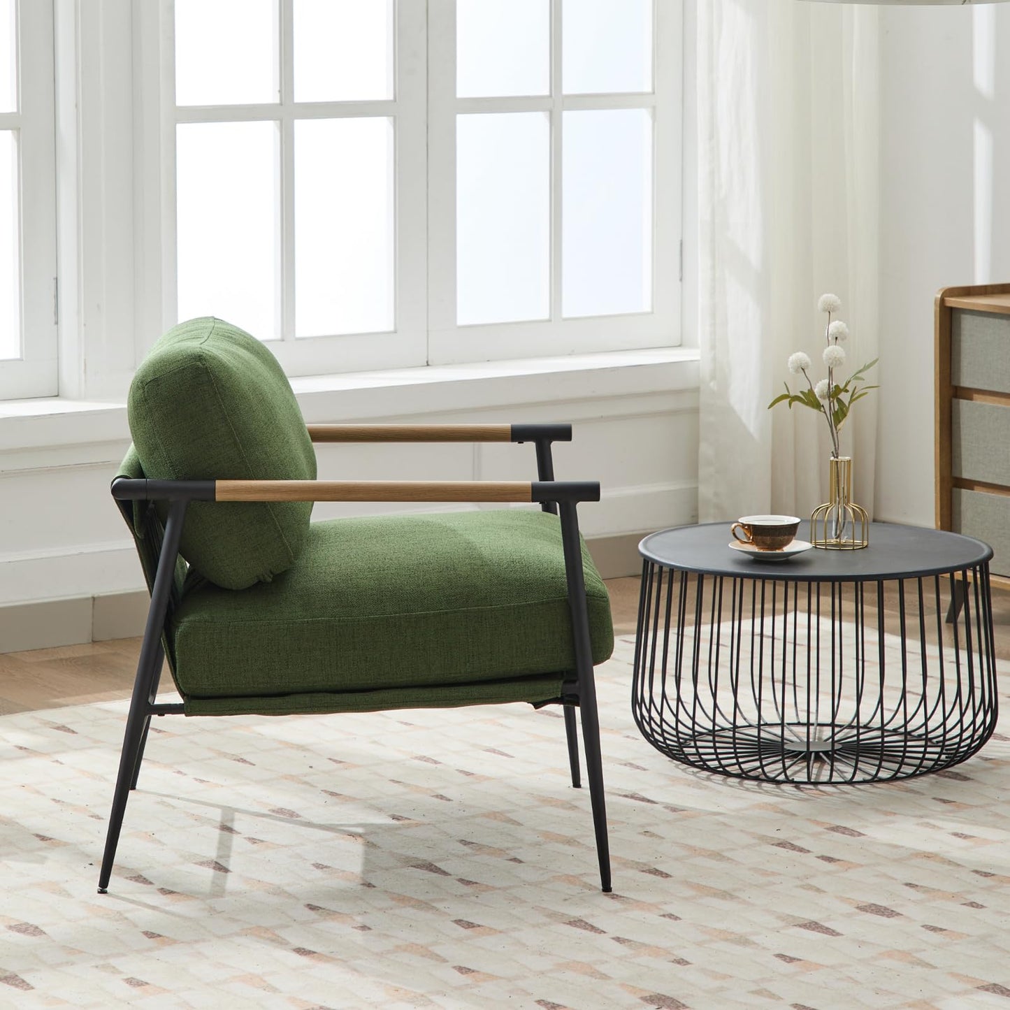 Ya-Home Mid-Century Accent Chair, Soft Armchair Linen Fabric Lounge Chair with Black Metal Legs, Upholstered Leisure Chair for Living Room Reception Room, 1PC, Green