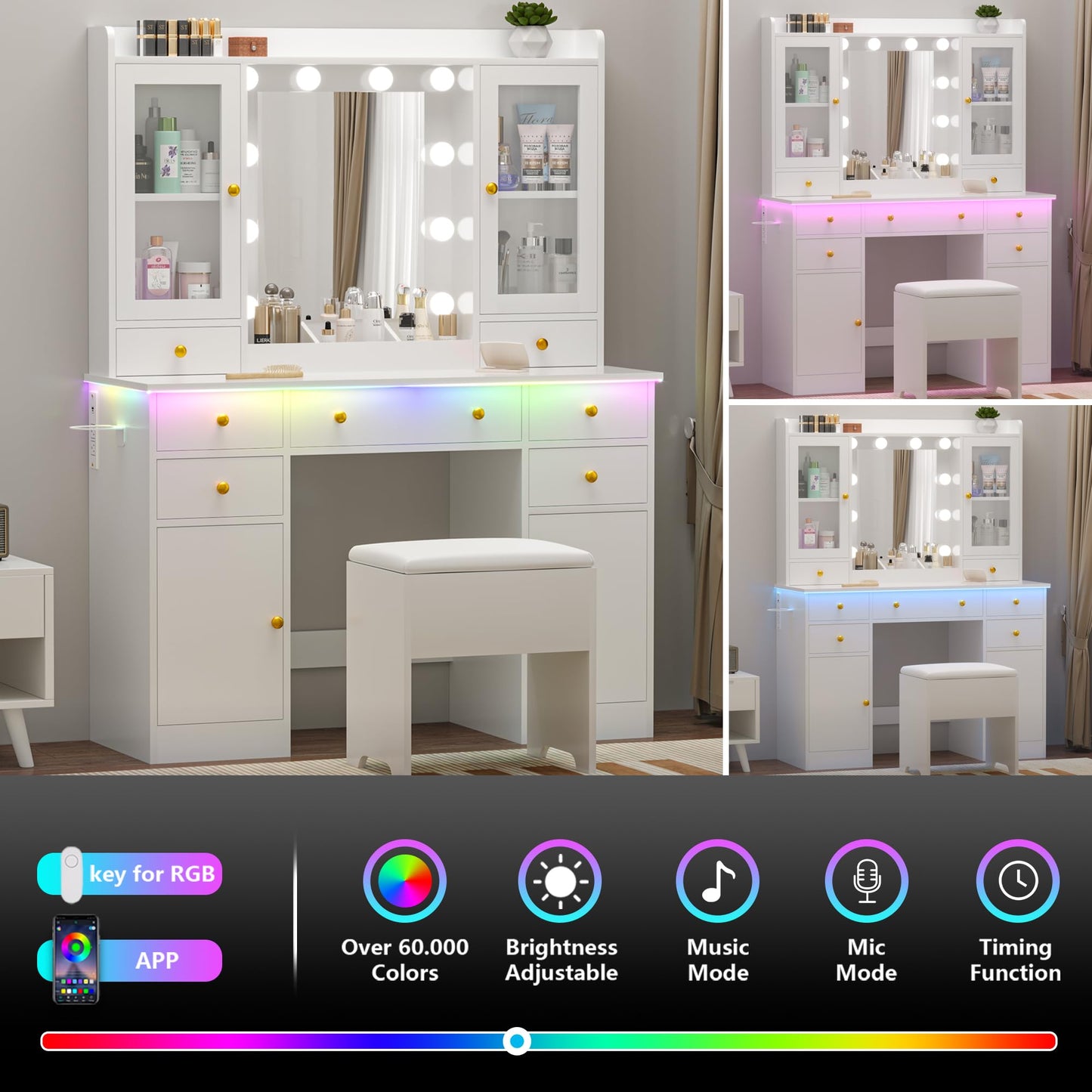 Wodeer Vanity Desk with Mirror and Lights, 43" White Makeup Vanity Set with 5 Drawers & Glass Cabinets, Storage Stool, Power Outlet & Adjustable LED Lights, Dressing Table for Women & Girls Bedroom