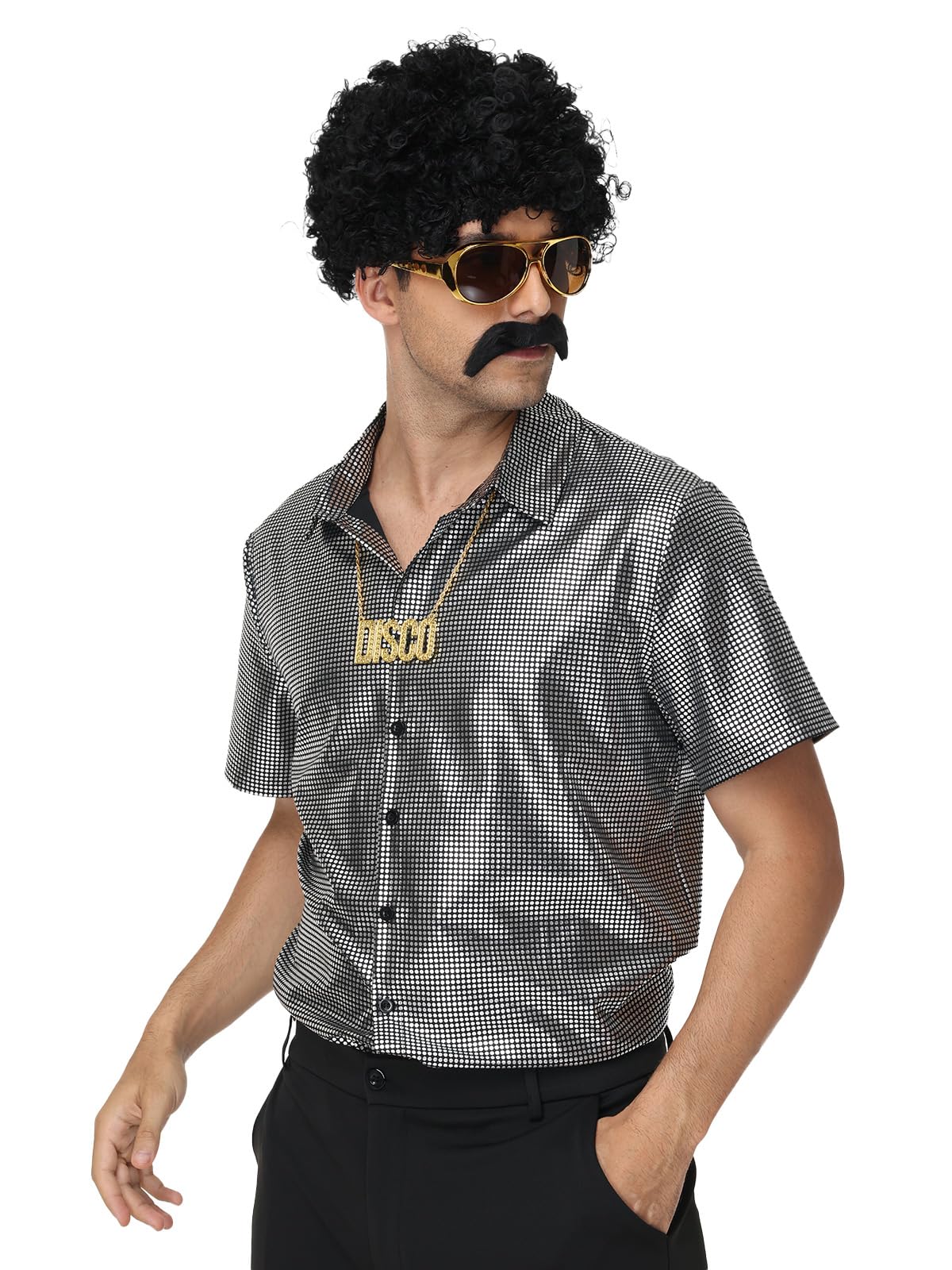 Wianja 70s Disco Outfits for Men - 7pcs 70s Costumes Bell Bottom Pants Shirts Wigs Necklace Moustache Sunglasses Hairnet