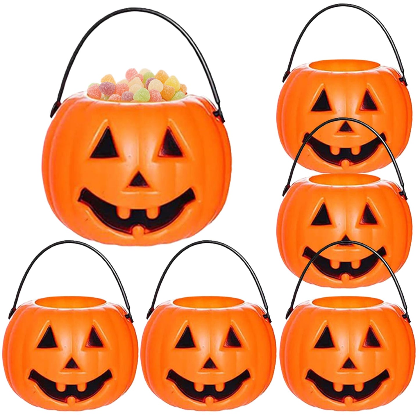 6Pcs Halloween Pumpkin Bucket Devil Smile Pumpkin Candy Bucket Plastic Halloween Candy Holder with Handle Trick or Treats Halloween Bucket for Halloween Decorations, Style 1 Plastic Pumpkins Pumpkin