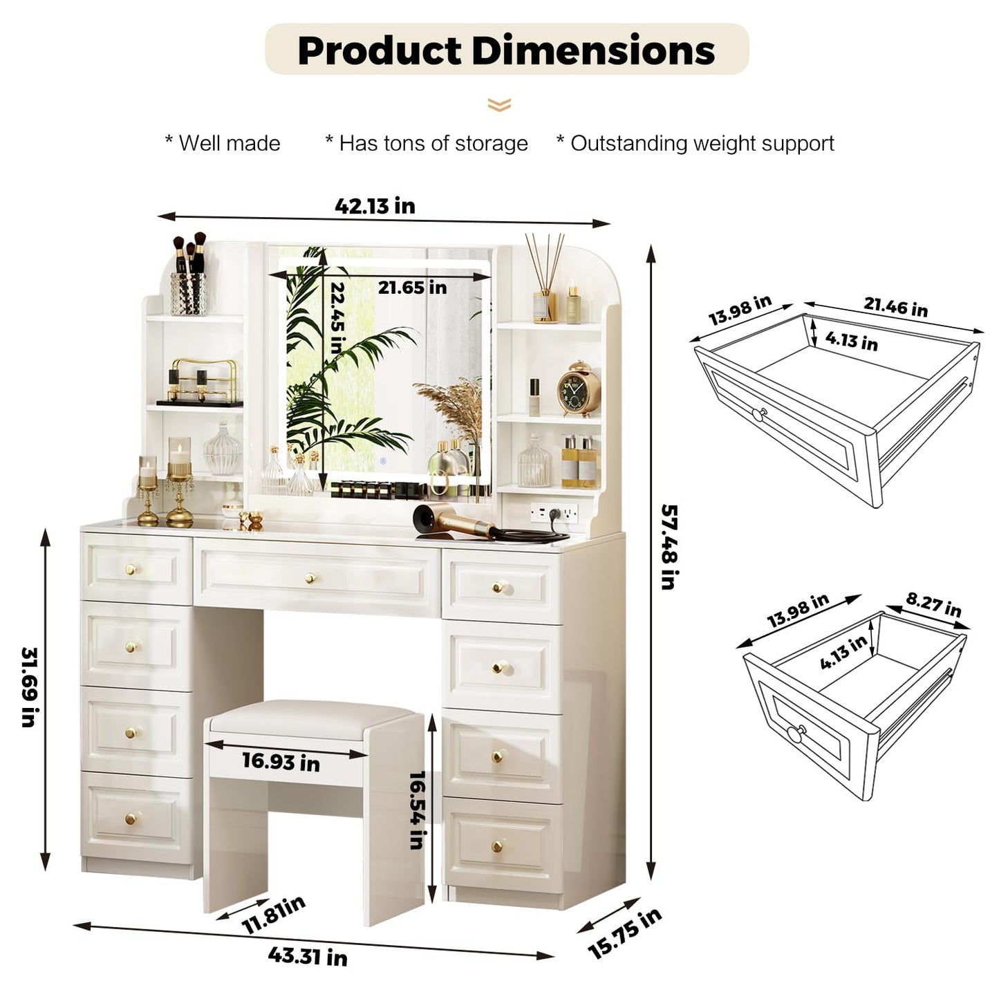 43" Makeup Vanity Desk with Mirror and Lights, & Power Outl, Glass Top Big Vanity Table with 9 Drawers& 8 Storage Shelves, Dressing Table Set with Chair for Bedroom, White