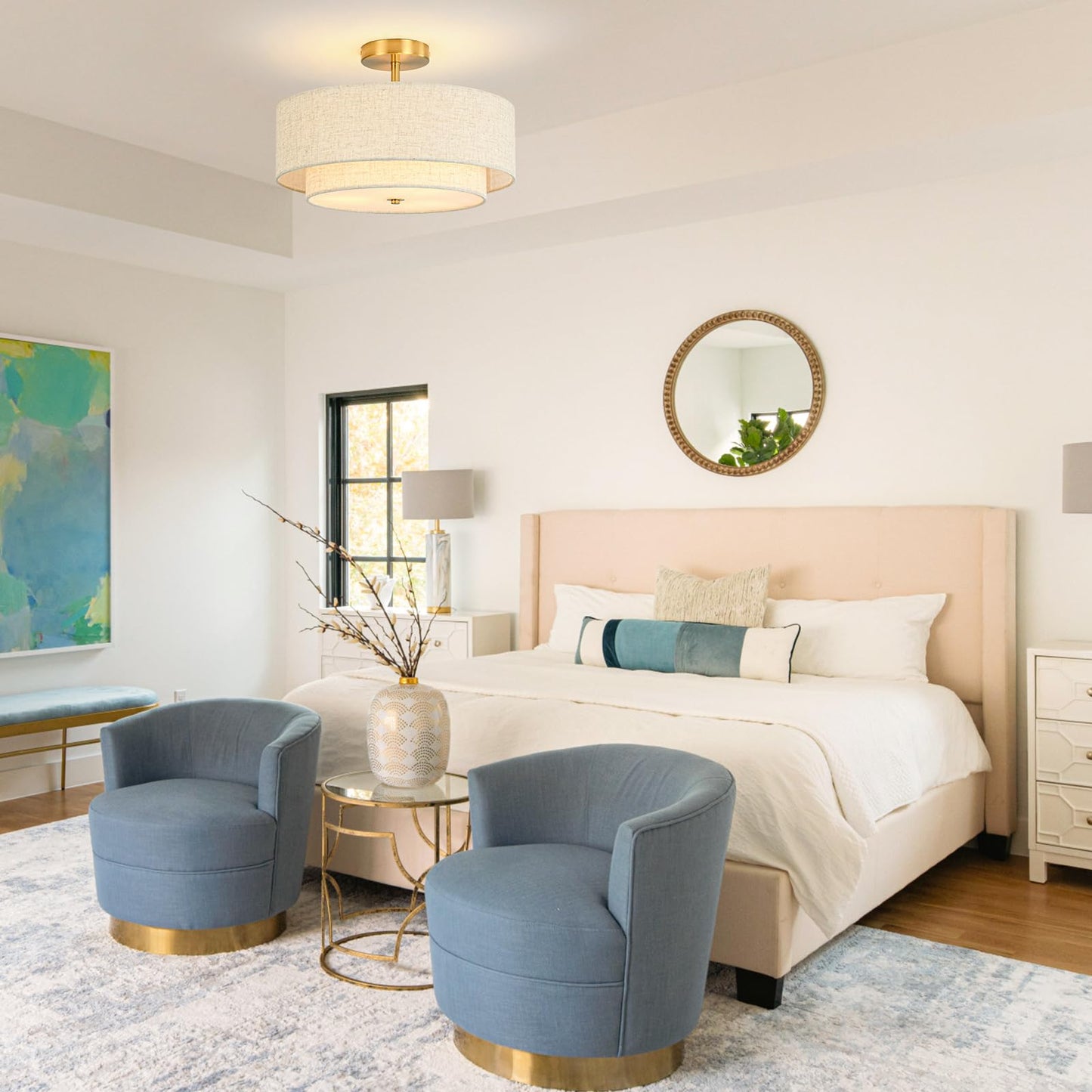 16" Semi Flush Mount Ceiling Light, 3-Light Gold Drum Ceiling Light Fixture with 2-Tier Fabric Linen Shade, Farmhouse Chandelier for Dining Room, Living Room, Bedroom, Kitchen, Hallway, Entryway