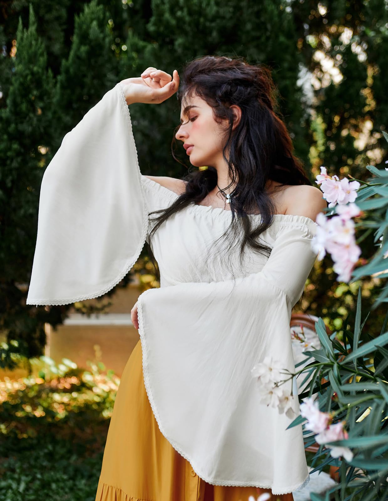 White Off The Shoulder Tops for Women 2024 Smocked Summer Peasant Blouse Bell Sleeve Top Renaissance Shirt White M