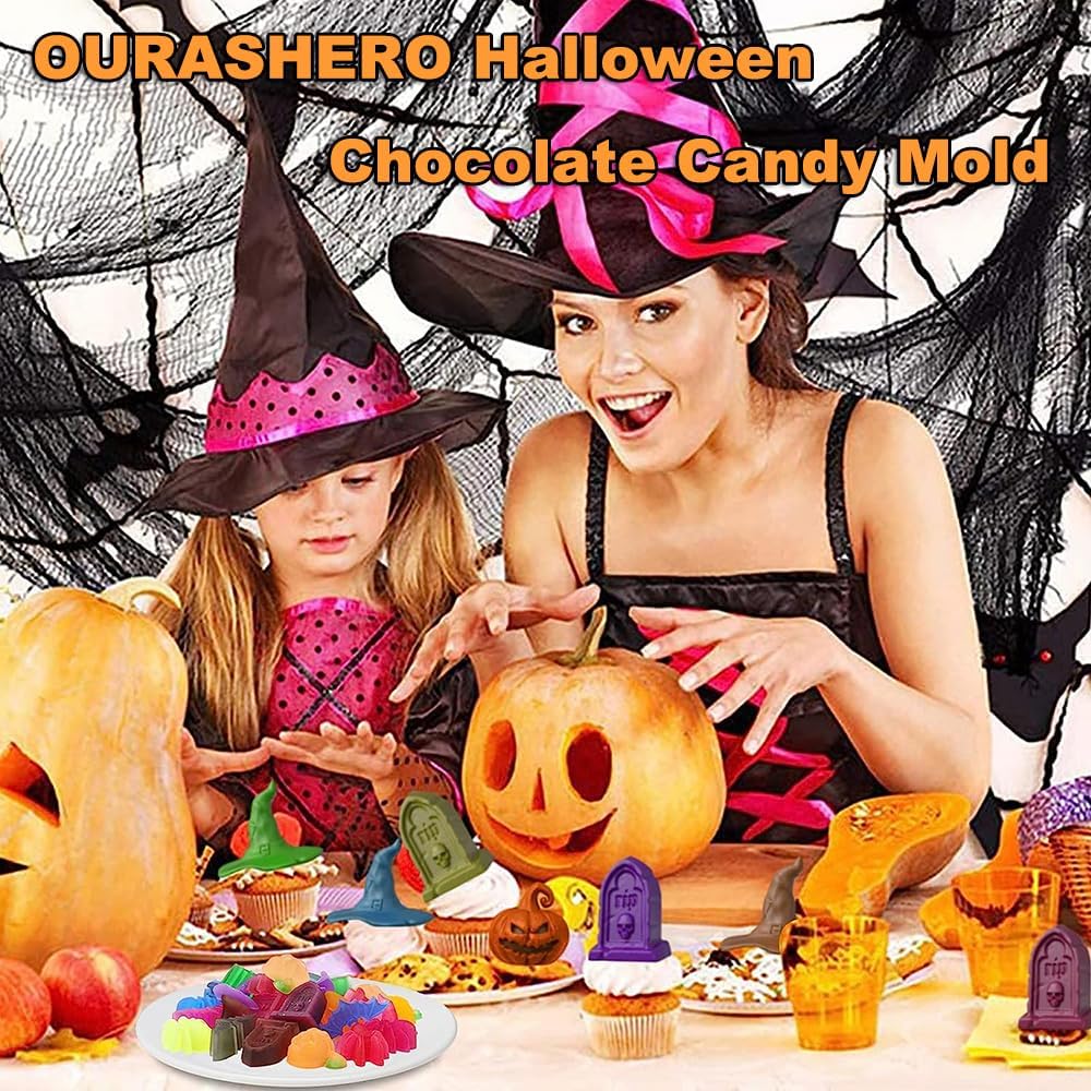 2 Pack Halloween Chocolate Mold Pumpkin Bat Skull Tomb Spider Shape Silicone Mold for Chocolate Candy Gummy Jello Ice Cube Melt Biscuits Cake Decoration Silicone Baking Mold Making Kit for Kids