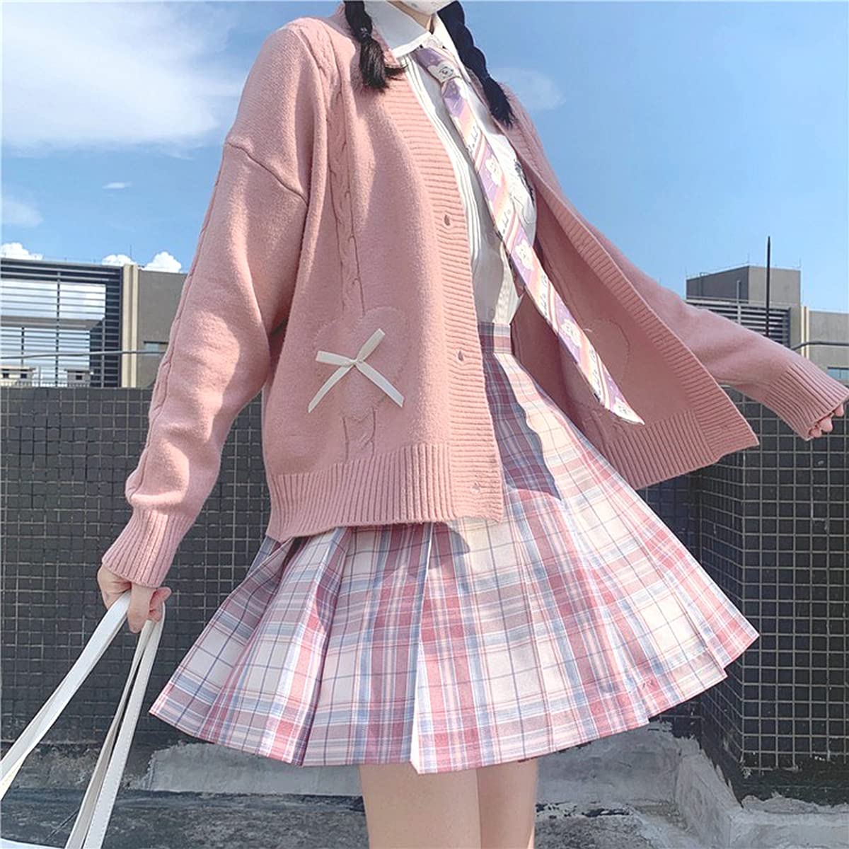 Women Kawaii Sweater Cardigan with Cute Bowknot and Heart Pink Small