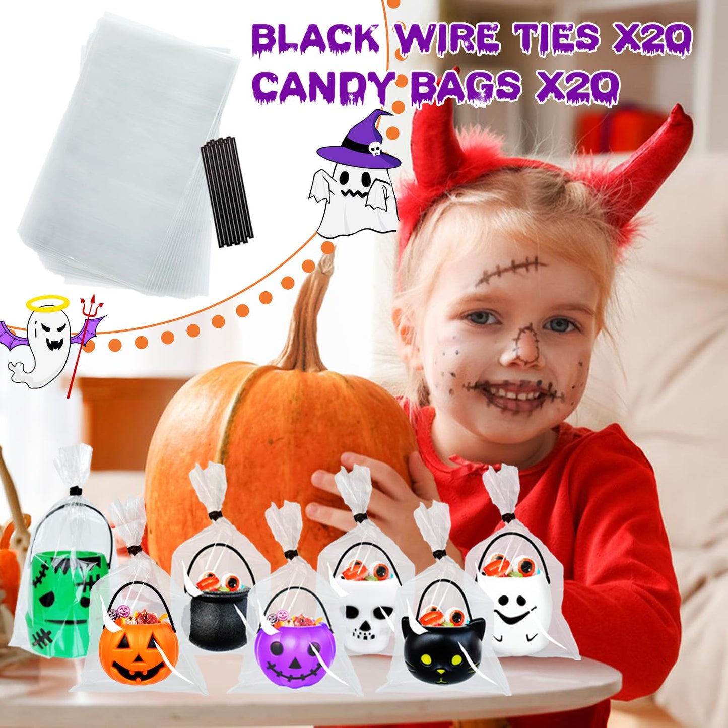 14 PCS Mini Halloween Candy Holder,Portable Pumpkin Ghost Cauldron Bucket with Candy Bags Black Wire Ties Halloween Party Supplies for Kids,Trick or Treat