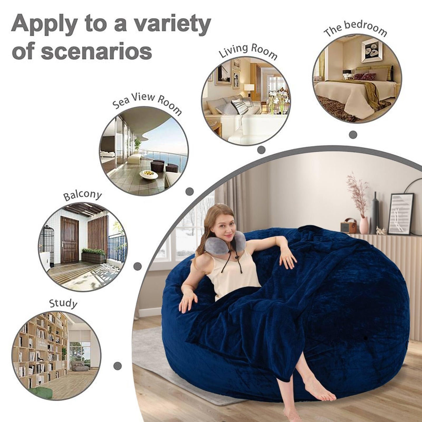 6FT Oversized Bean Bag，Bean Bag Chair with Filler Included，Foam Chairs for Adults，Memory Foam Bean Bag，Washable Soft Flannel, Suitable for Reading Leisure Chairs in Living Room.(Blue, 6FT)
