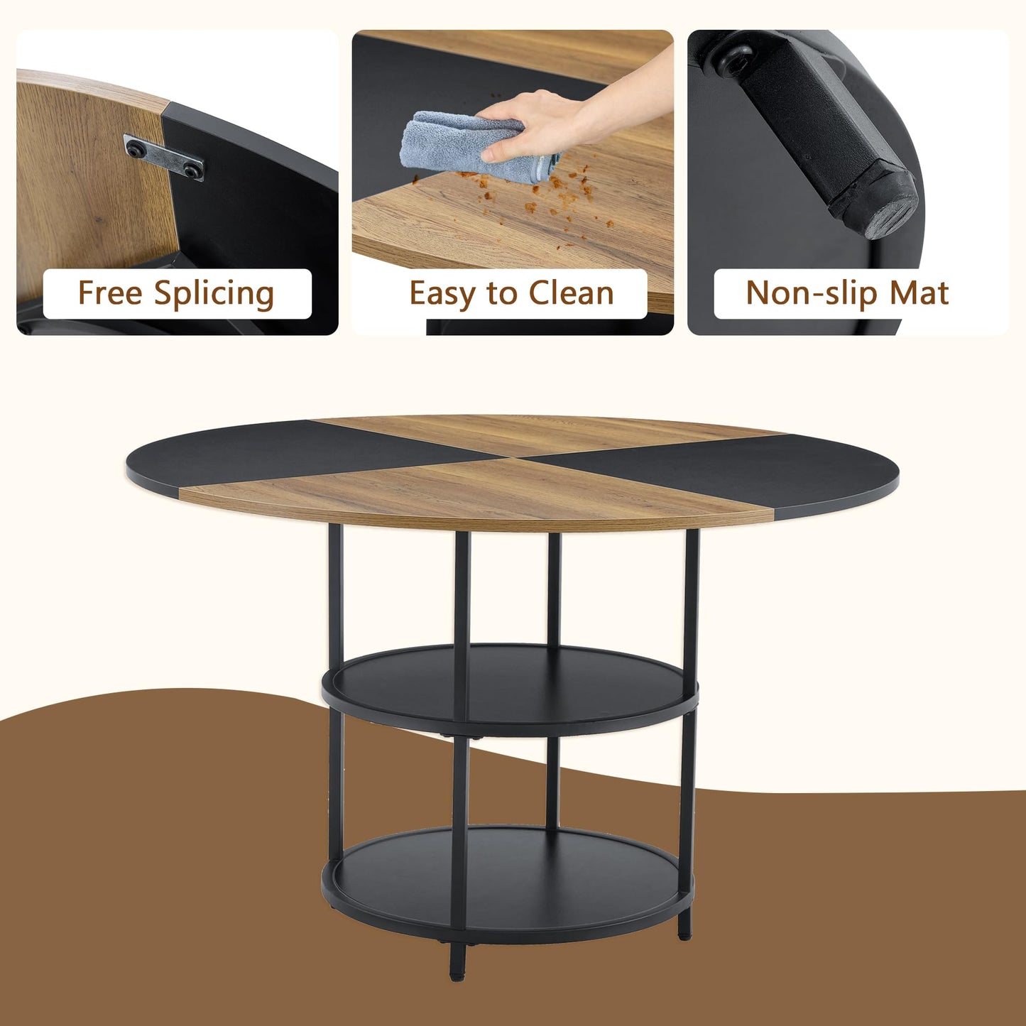 Vohuai Round Dining Table Set for 4,47.3''Wood Dining Room Table Set with 4 Upholstered Chairs,Round Color Blocked Tabletop with 2-Layer Storage Shelf,5 Piece Dinner Table Set for Kitchen Dining Room