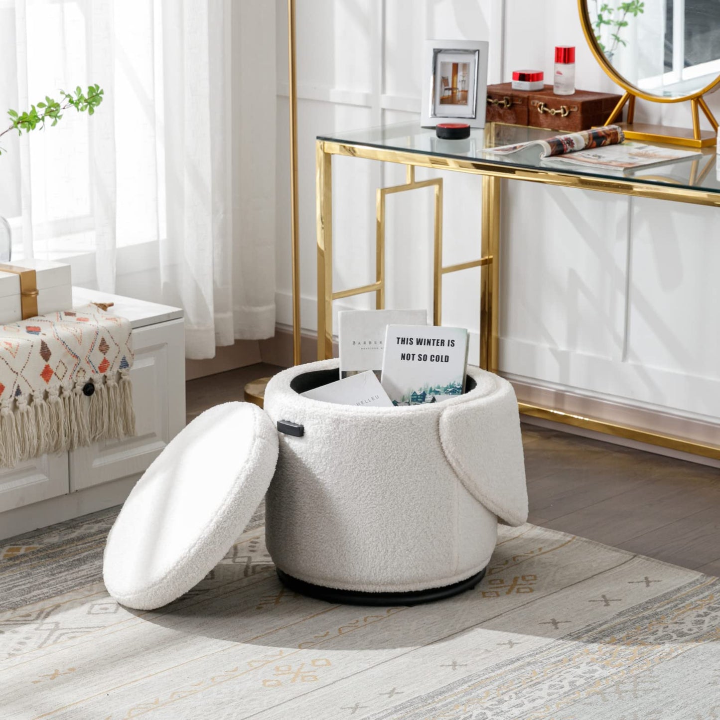 Ya-Home Modern Swivel Ottoman Vanity Chair, Sherpa Upholstered Barrel Chair Club Chair 360°Degree Swivel Side Chair with Storage, Comfy Makeup Stool for Bedroom Living Room, White