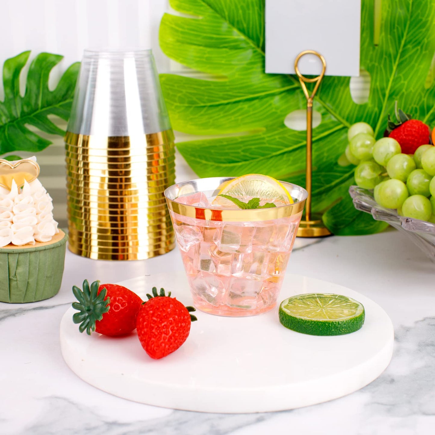 WELLIFE 120 PCS Gold Plastic Cups,9 oz Clear Plastic Cups,Disposable Wine Glasses,Disposable cups for Party and Wedding