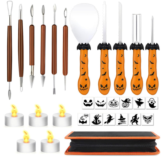 XINYA BAO 28 PCS Pumpkin Carving Kit Tools Halloween Professional Heavy Duty Stainless Steel Carve Knife Set with LED Candle Lights, Stencils, Storage Bag, Gifts & Adults DIY Lantern Decorating.