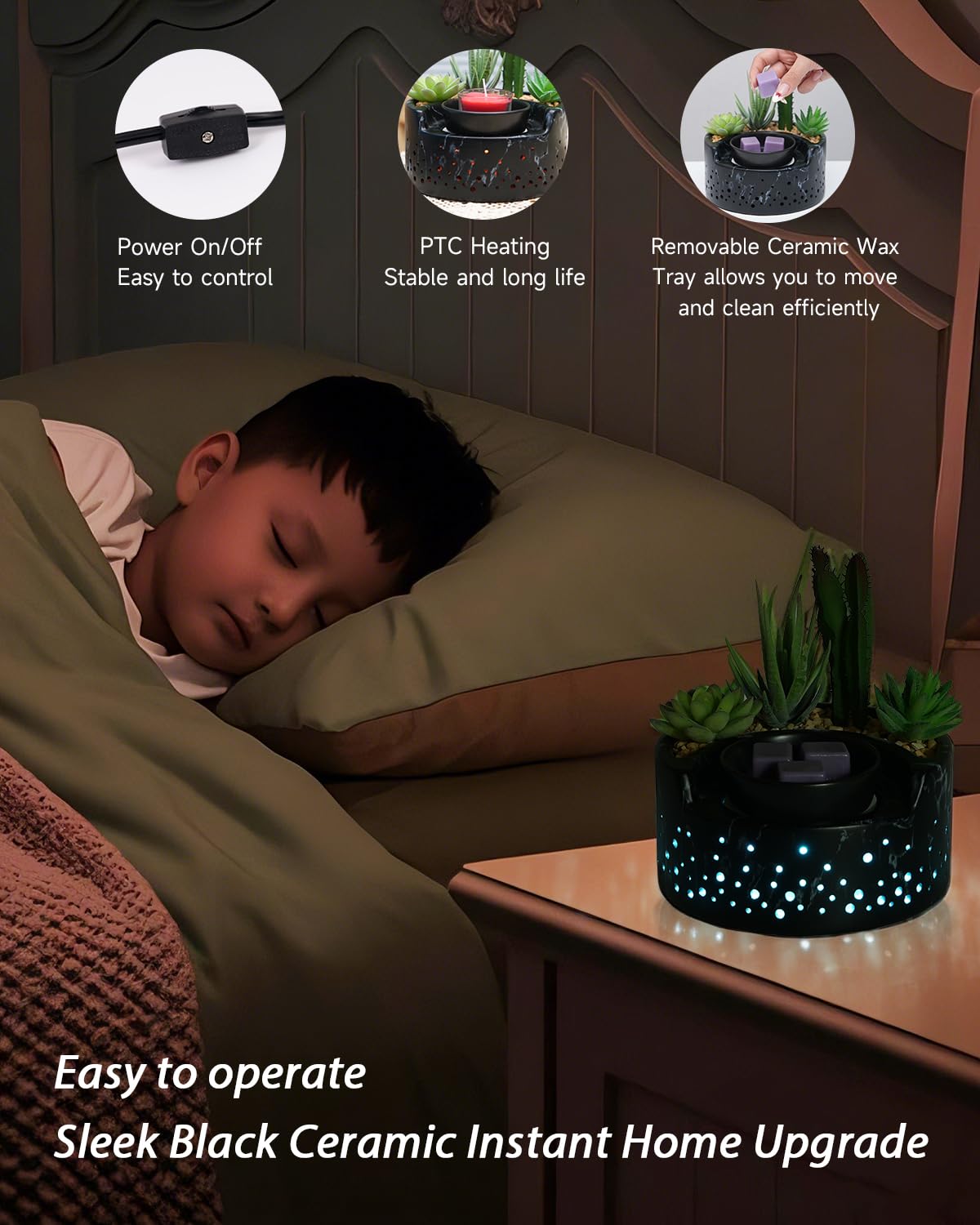 waxarapy Ceramic Wax Melt Warmer 4-in-1, Flameless PTC Heating with 7-Colors LED Changing Light, Electric Essential Oil Diffuser, Yoga Room/Home Decor Wax Melter Black Succulent Design