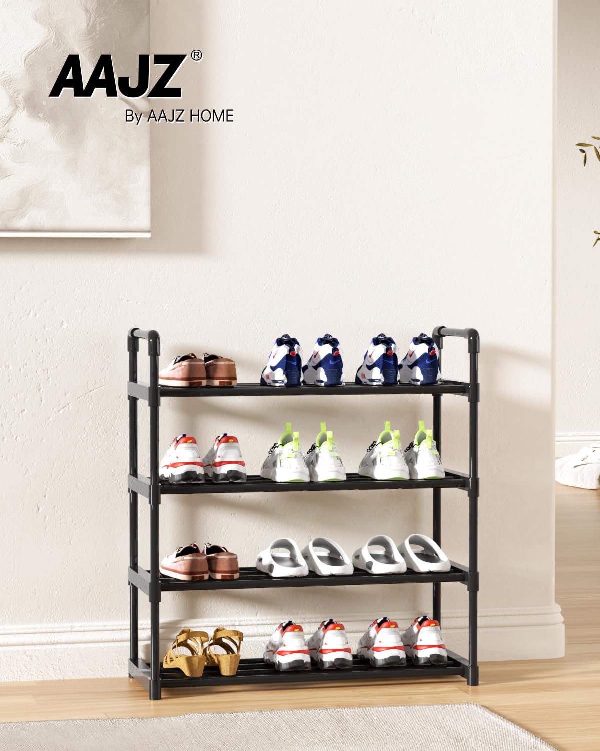 AAJZ Shoe Rack,Tall Large Capacity,Shoe Organizer, Metal Storage Shelf, for 12-15 Pairs, for Entryway,Closet, Bedroom Black (4 Tiers)