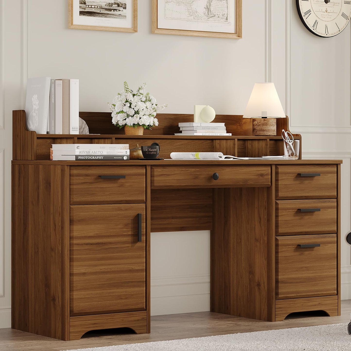58 Inch Executive Desk with File Drawers, Computer Desk with Storage, Home Office Desk with Storage Cabinet for Bedroom, Rustic Brown