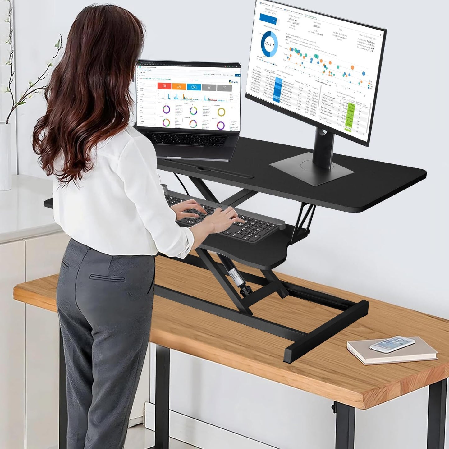 37 Inch Standing Desk Converter - Manual Pneumatic Spring, Two Monitor Stable Standing Desk Converter, 5.9” to 18.8” Height Adjustable Laptop Workstation with Keyboard Tray for Home, Company(Black)
