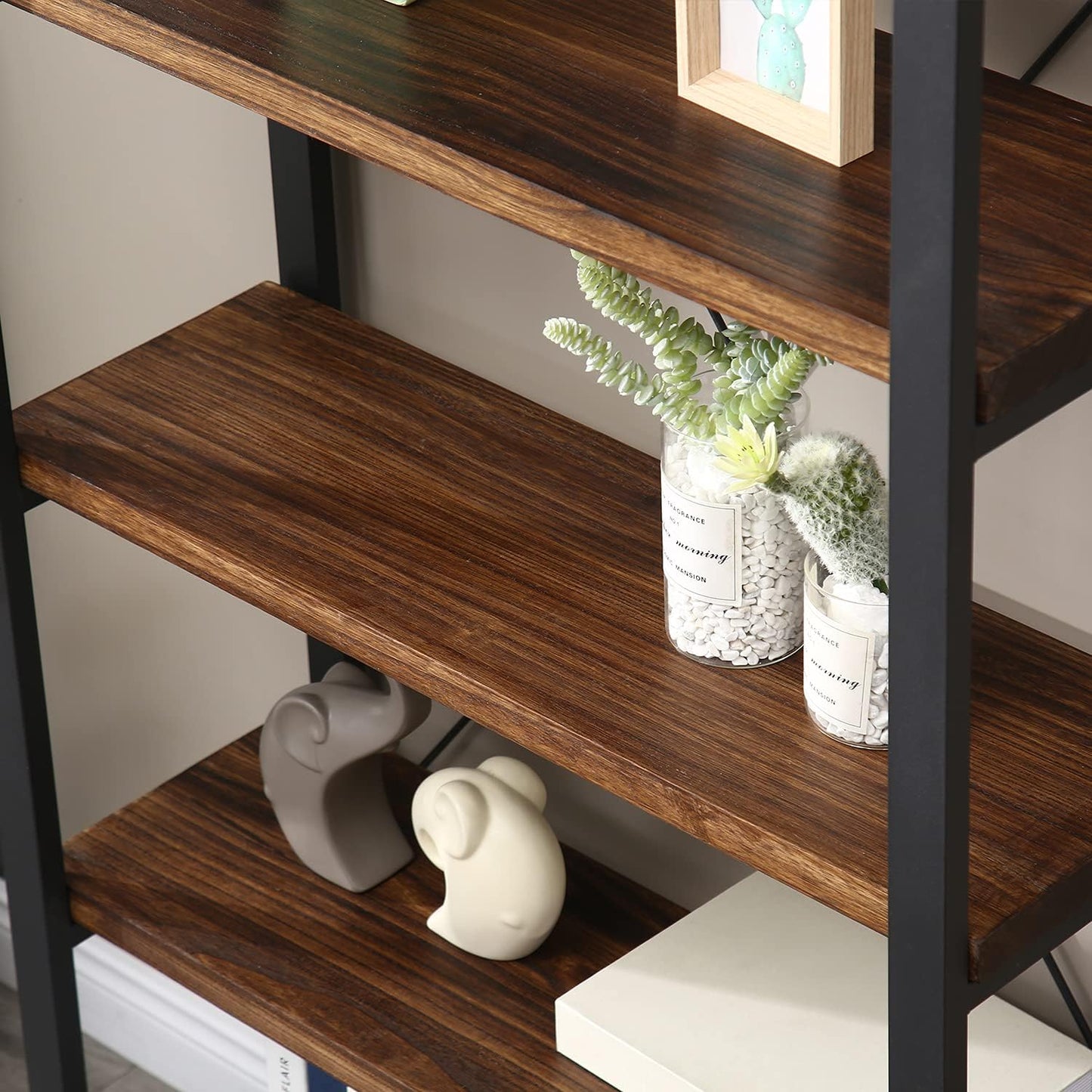 WH-AOERPUMY 5 Tier Bookcase, Solid Wood Bookshelf Rustic Vintage Industrial Etagere Bookcase, Metal and Wood Free Vintage Bookshelf, Retro Brown (Real Wood) (5-Tiers)