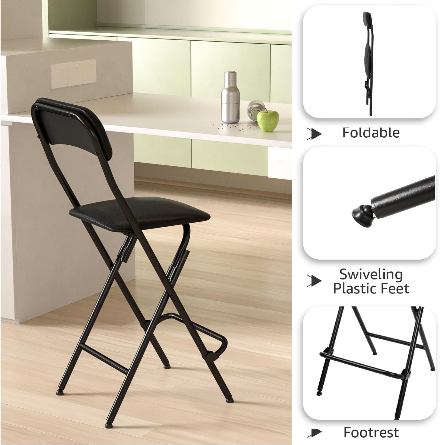 VOLIX Folding Bar Stool with Back, 300lb Capacity, Collapsible Stool for Kitchen Bar, Height 25"- 2PC