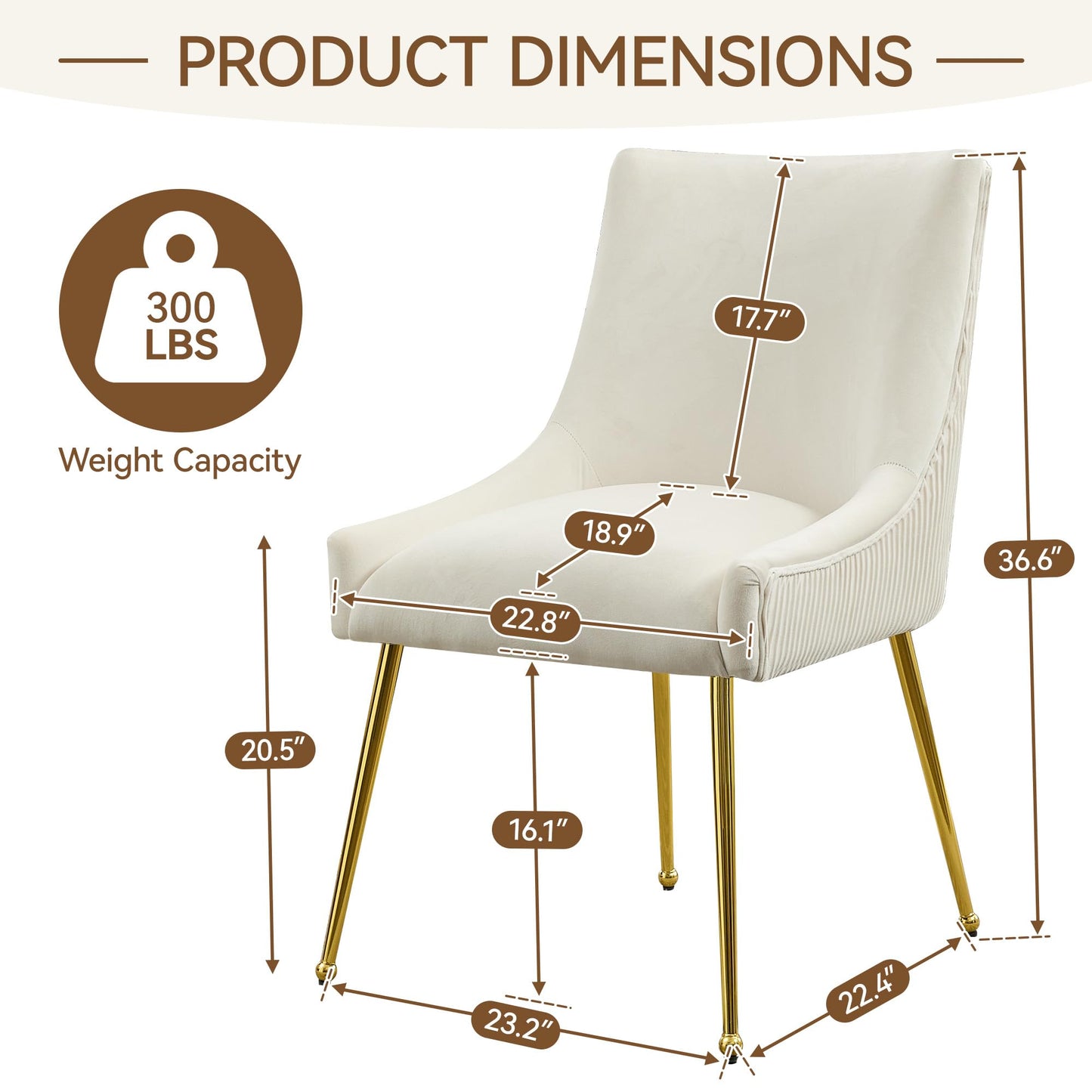 WUTUTUEE Velvet Dining Chairs Set of 2 Gold Legs,Upholstered Velvet Accent Chairs, Pleated Back Design & Gold Pull Handle, Mid Century Modern Chairs for Dining/Kitchen/Living Room,Beige