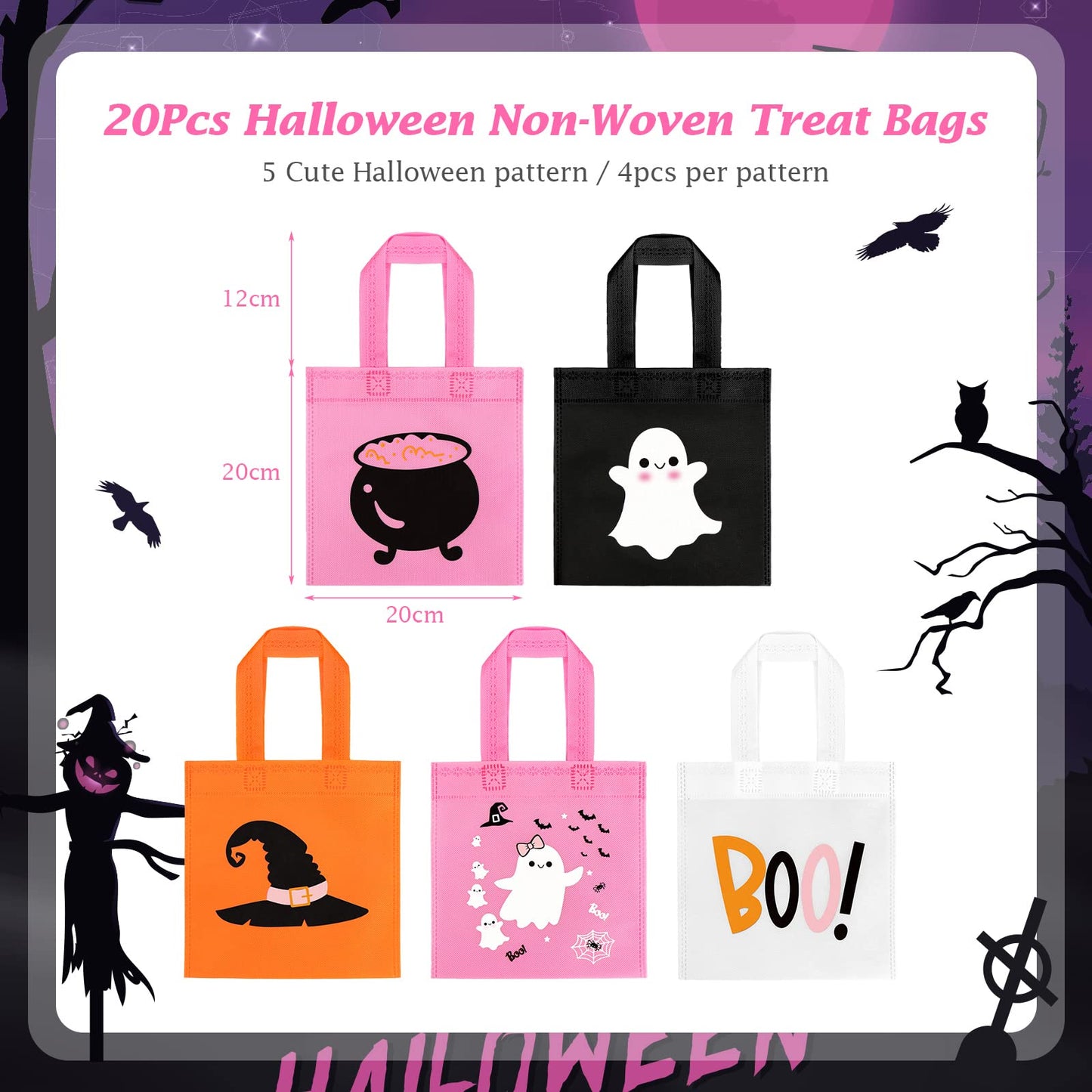 20pcs Pink Girl Halloween Treats Bags - Cute Ghost Witch Cauldron NonWoven Candy Bag Gift Tote for Little Boo Baby Shower Party Supplies