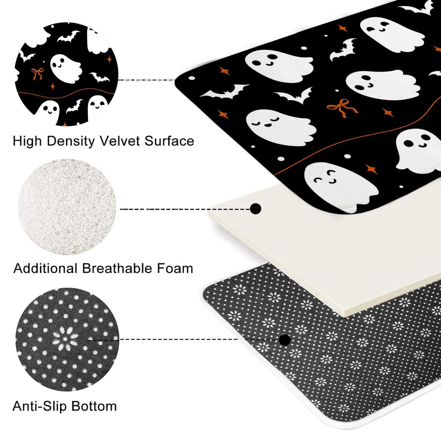 4Pcs Halloween Shower Curtain Set Black Spooky Bow Ghost Shower Curtain Set for Halloween Bathroom Decor with Anti-Slip Waterproof Bathtub Bathroom Rugs Toilet Lid Cover