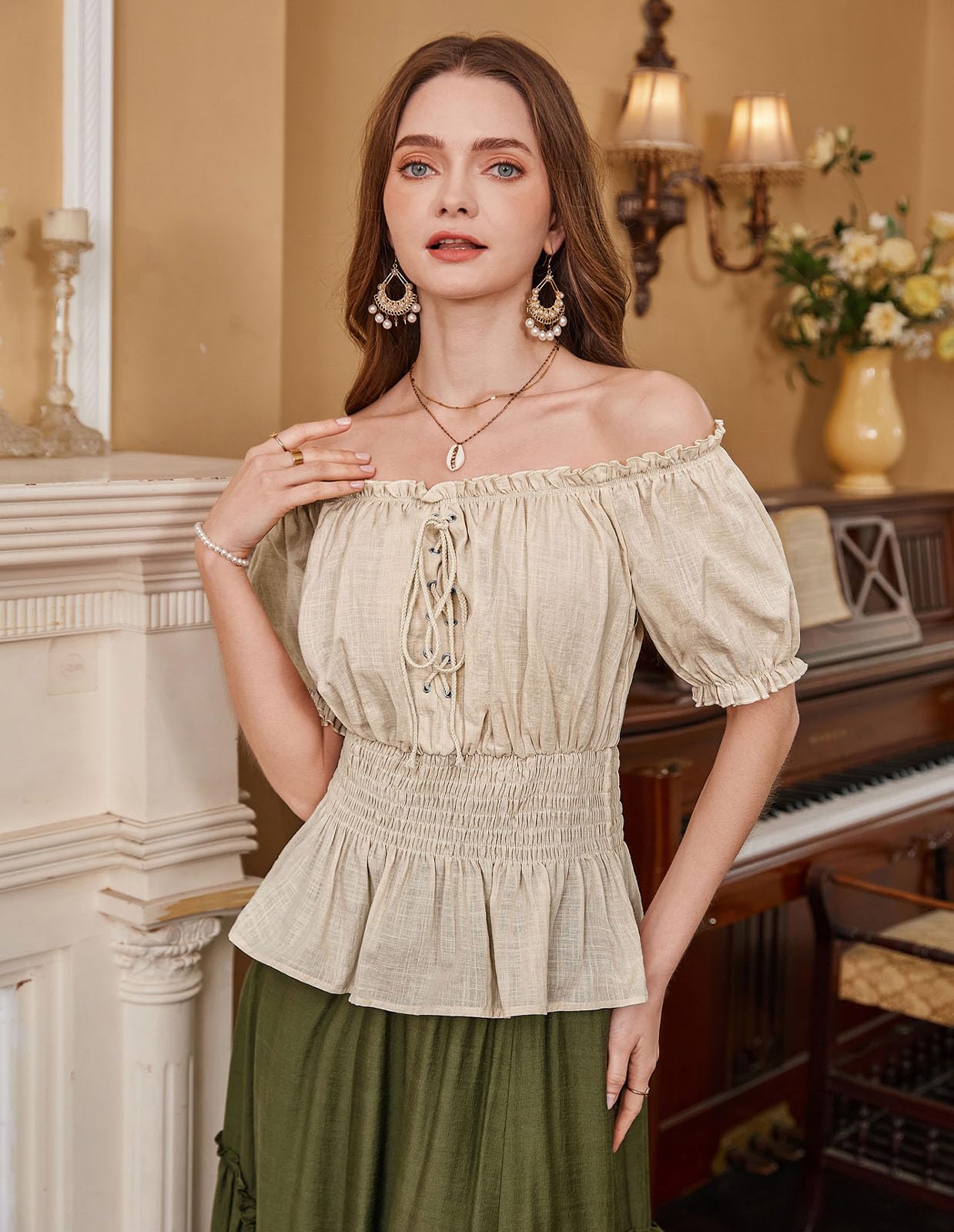 Women Off Shoulder Puff Sleeve Summer Tops Smocked Wasit Peplum Blouse Apricot S