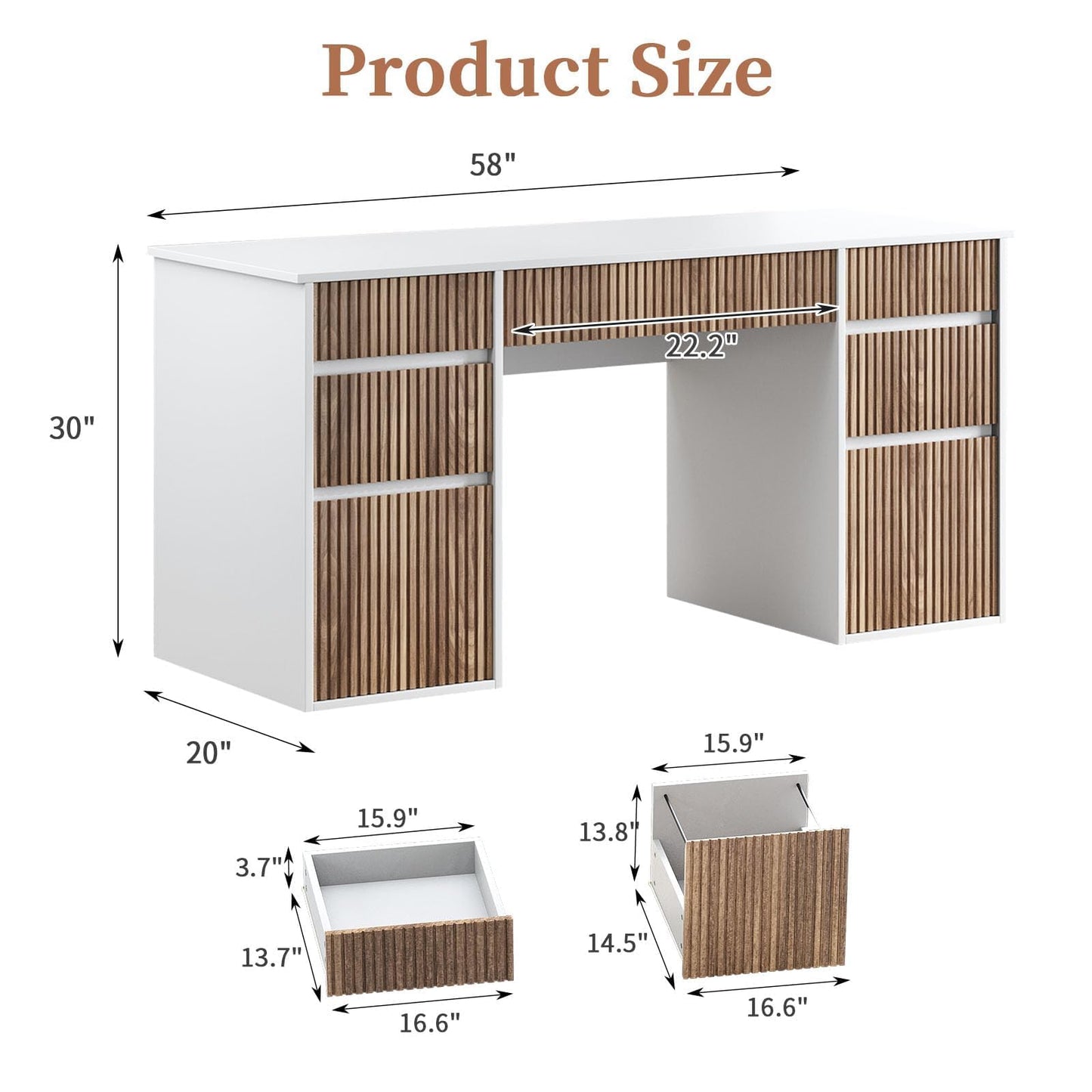 4 EVER WINNER 58 Inch White Desk with Drawers, Home Office Desks with 7 Storage Drawers, Executive Desk with File Cabinet for Bedroom Study Work Table Writing, White and Walnut