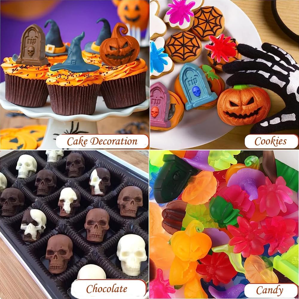 2 Pack Halloween Chocolate Mold Pumpkin Bat Skull Tomb Spider Shape Silicone Mold for Chocolate Candy Gummy Jello Ice Cube Melt Biscuits Cake Decoration Silicone Baking Mold Making Kit for Kids
