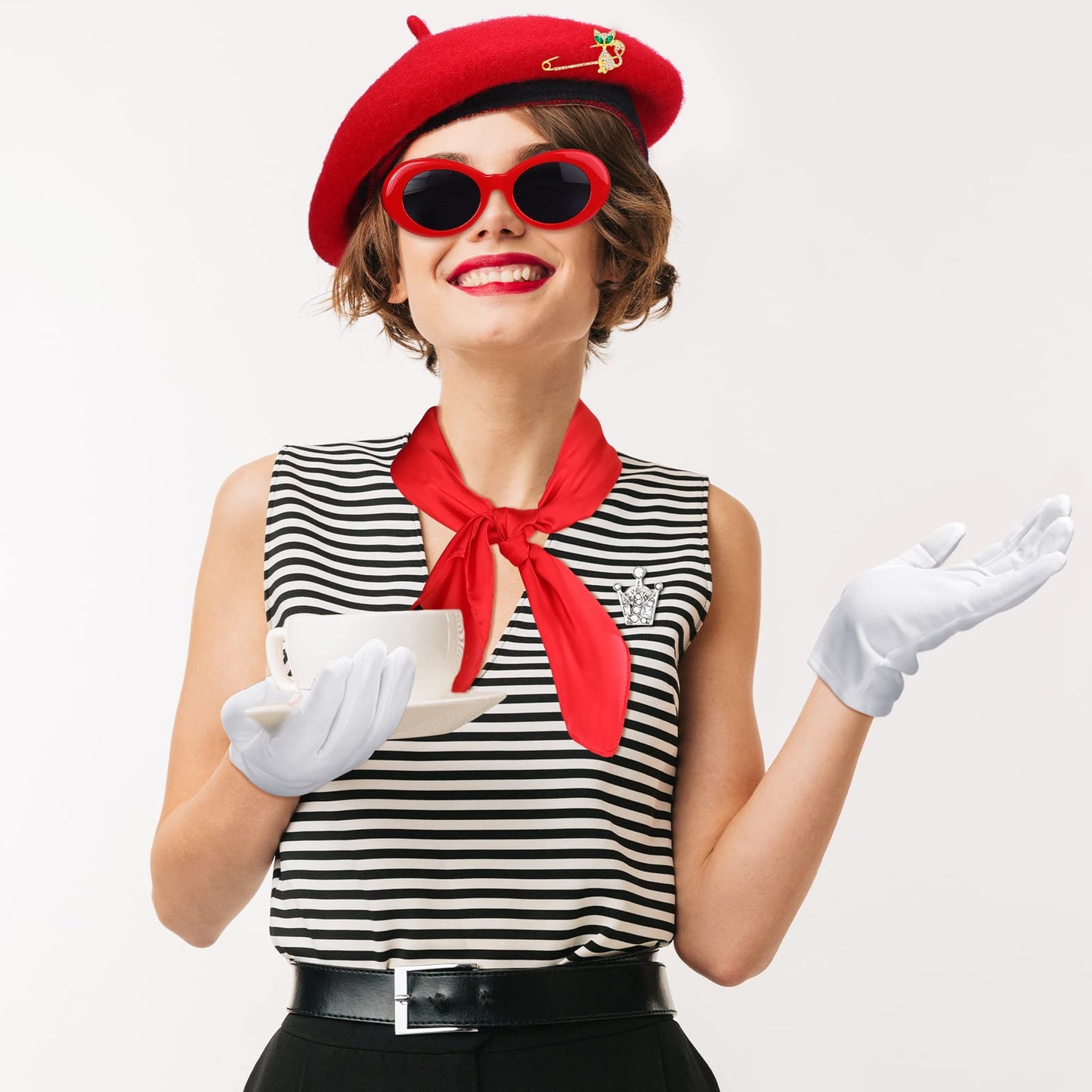 6 Pcs French Red Beret Hat Set Women Girls French Themed Party Accessories Retro Chiffon Scarf Oval Sunglasses Gloves Alloy Brooch for Costume Accessories