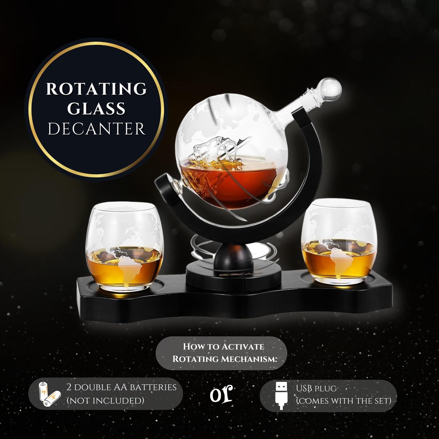 Whiskey Decanter Rotating Globe Set with 2 Etched Whiskey Glasses - Gifts Men Dad, Anniversary Birthday House Warming, Liquor Scotch Bourbon Vodka Gift Him Husband 850ml Ship Decanters, Electronic Set