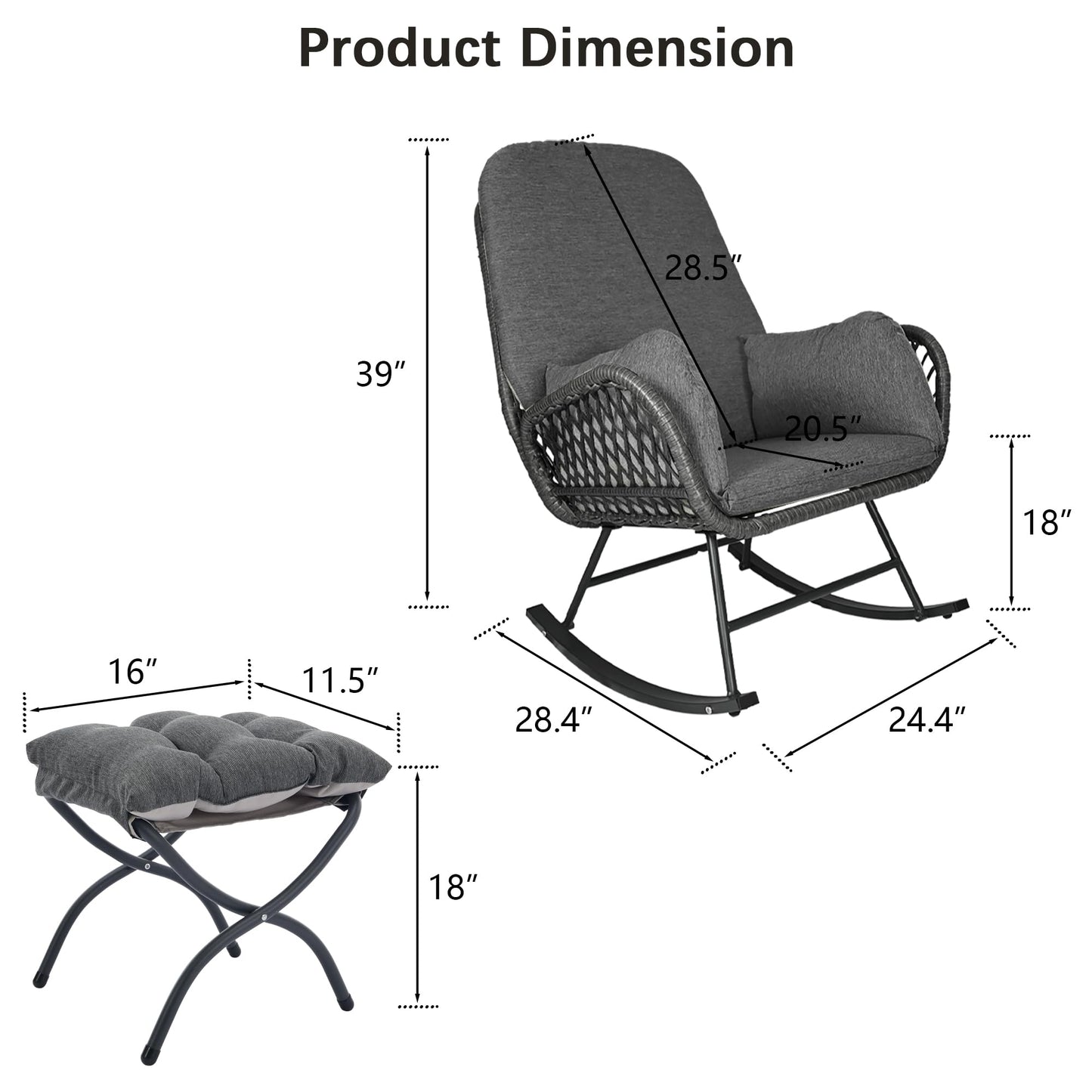 YDcosyfy Outdoor Wicker Rocking Chair with Ottoman, Patio Rocker Chair with Cushions, Steel Frame Support, All-Weather Furniture, for Porch, Balcony, Indoor
