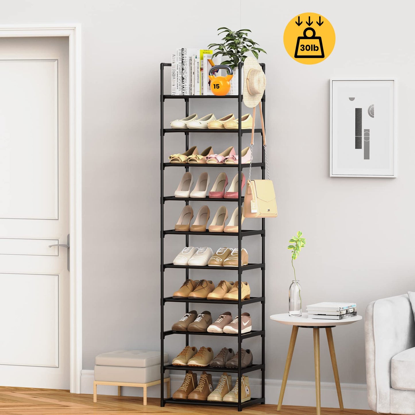 WEXCISE Narrow Shoe Rack 10 Tiers Tall Shoe Rack for Entryway 20 24 Pairs Shoe & Boots Organizer Storage Shelf Durable Black Metal Stackable Shoe Cabinet with Hooks, 17.1D x 11.8W x 78.7H in