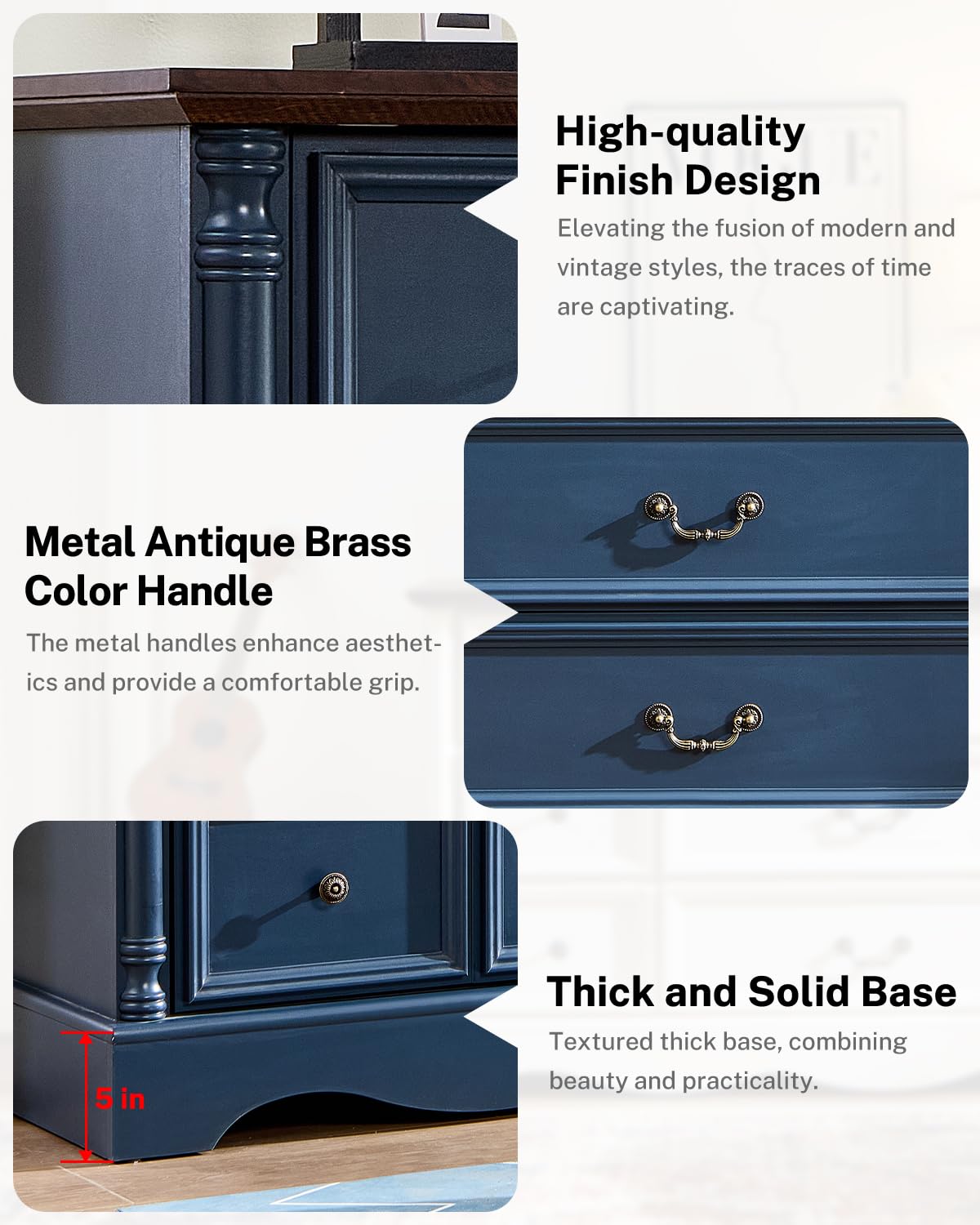 6 Drawers Dresser, Farmhouse Chest of Drawers with Charging Station, Refined Blue Finish Design, Modern Storage Dressers Organizer TV Stand for Bedroom, Living Room, Hallway, Indigo Blue