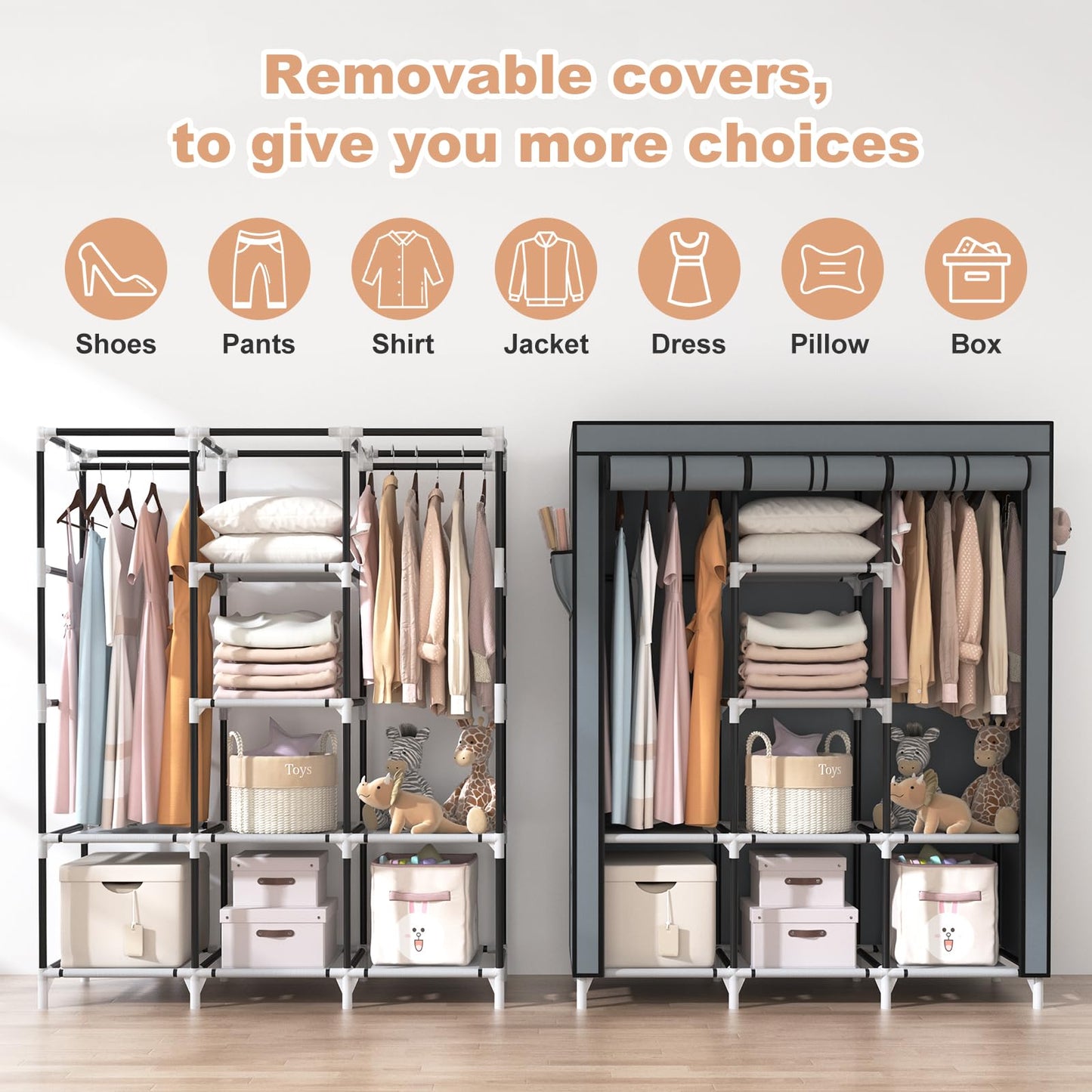 VTRIN Portable Closet Wardrobe for Hanging Clothes with 2 Hanging Rods and 8 Storage Organizer Shelves,Sturdy Large Wardrobe Closet for Bedroom Free Standing Clothes Rack with Cover,Grey
