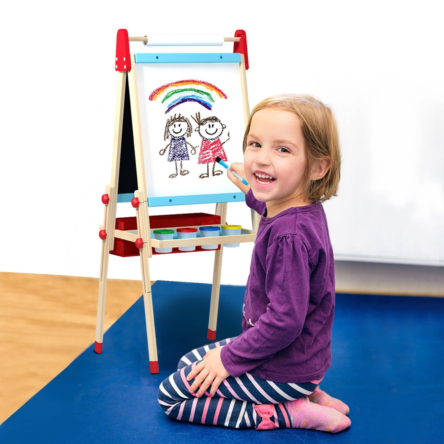 WOOD CITY Easel for Kids, Adjustable Standing Art Easel with Painting Accessories Wooden Chalkboard & Magnetic Whiteboard & Painting Paper Stand, Toddler Art Set Easel for Toddlers 2-12 Year Olds