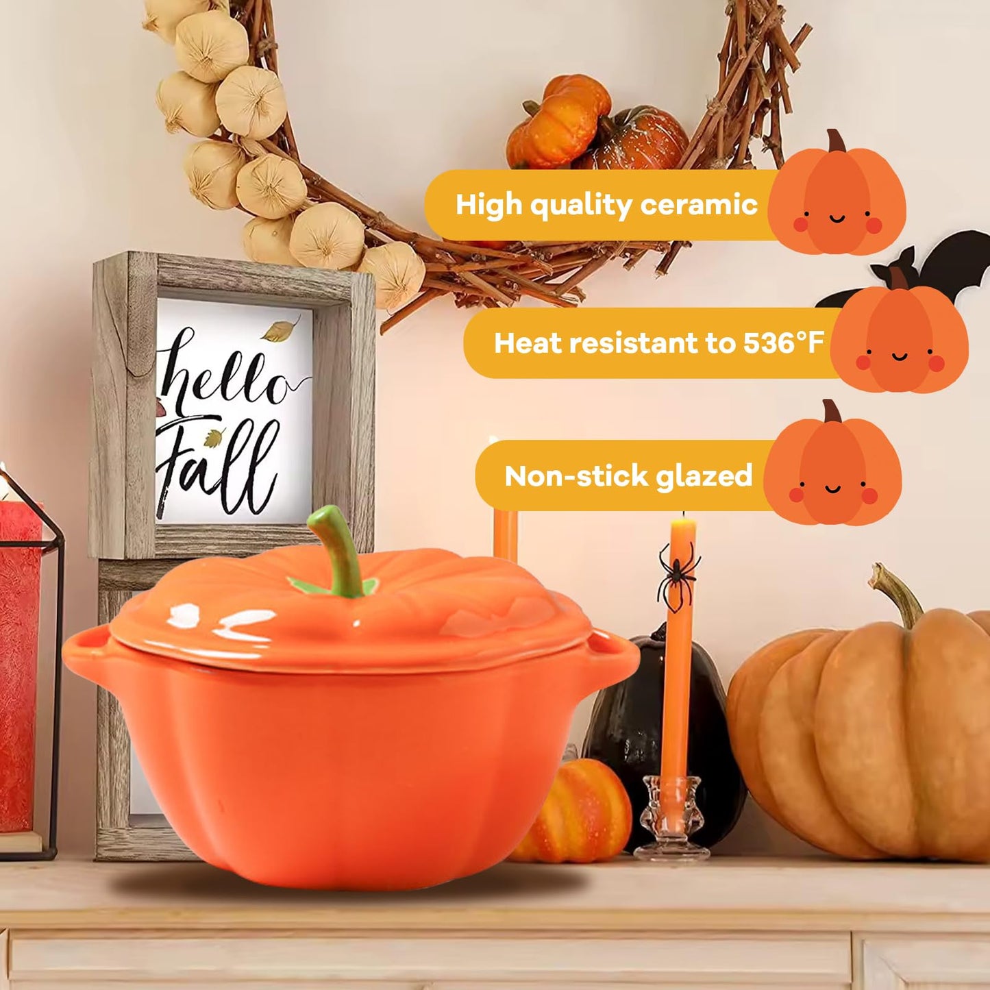 0.4-qt Pumpkin Ceramic Bowl, 6.5 x 4 Inch Small Baking Dish with Lid Oven & Stove Safe Up to 536°F, Serving Pumpkin Pot Dishes Pan for Cooking Storing Decorating, Halloween Dinner Table Kitchen Decor