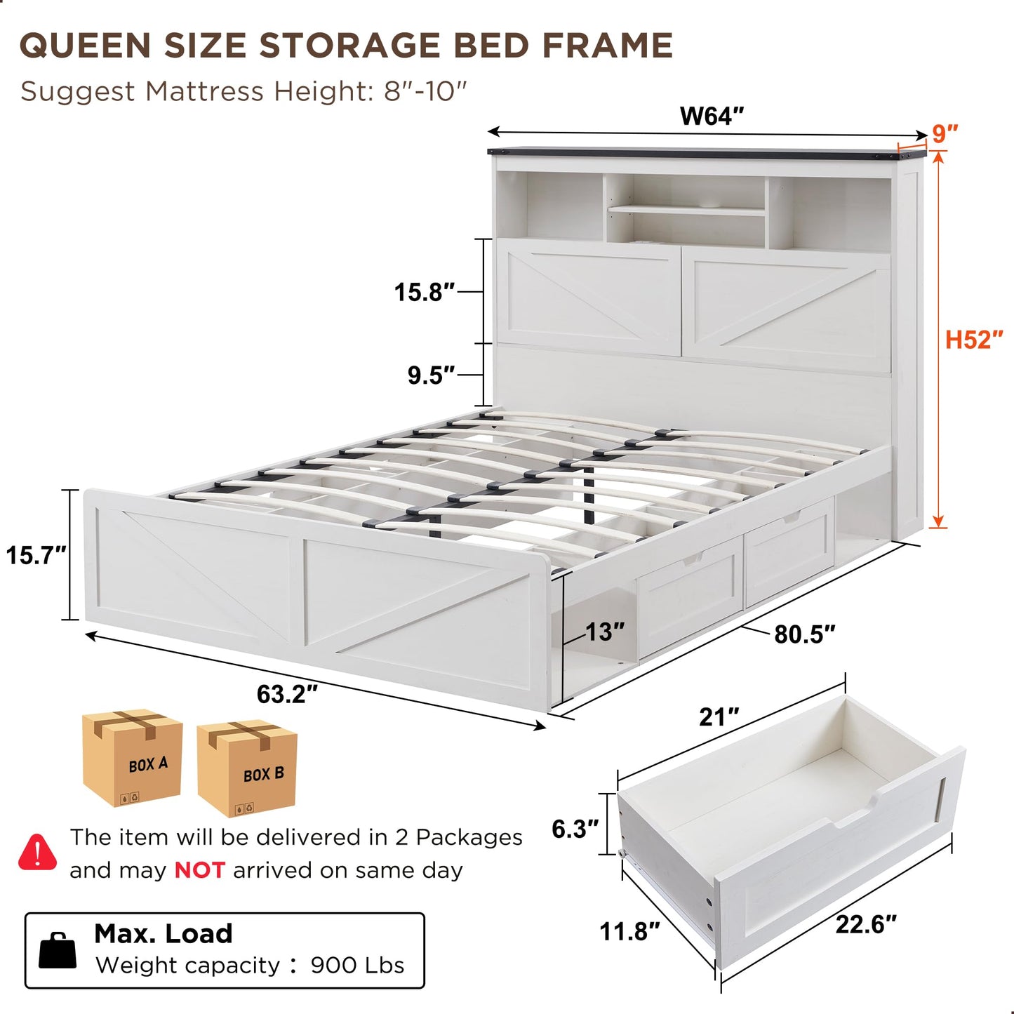 ACCOHOHO Queen Bed Frame Farmhouse with 52" Storage Bookcase Headboard, 4 Drawers Wooden Bed Frame, LED Light, Charging Station - White