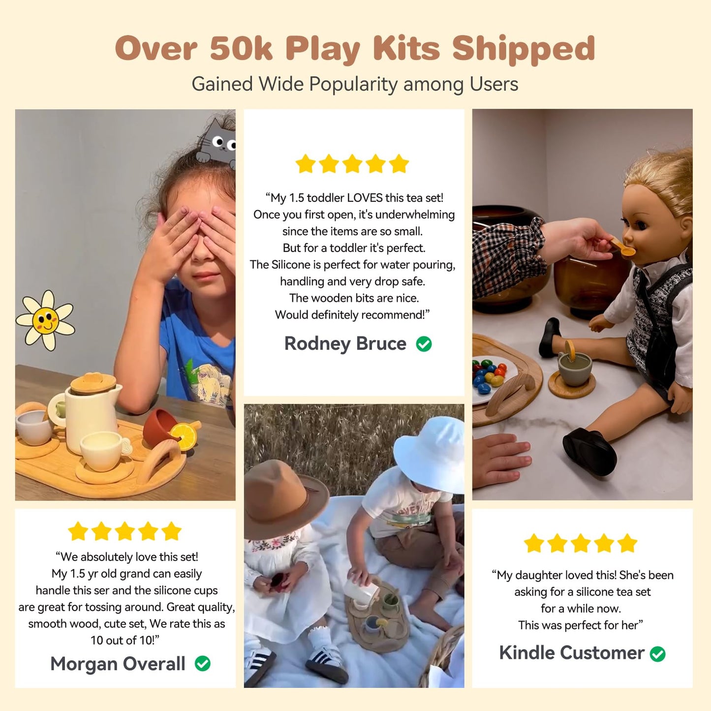 Wooden Tea Party Set for Little Girls 14pcs Toddler Tea Set with Silicone Teapot Cups Carrying Tray Scoop Kids Kitchen Accessories Pretend Play Wooden Toys for 3 4 5 6 Year Old Girl Birthday Gift