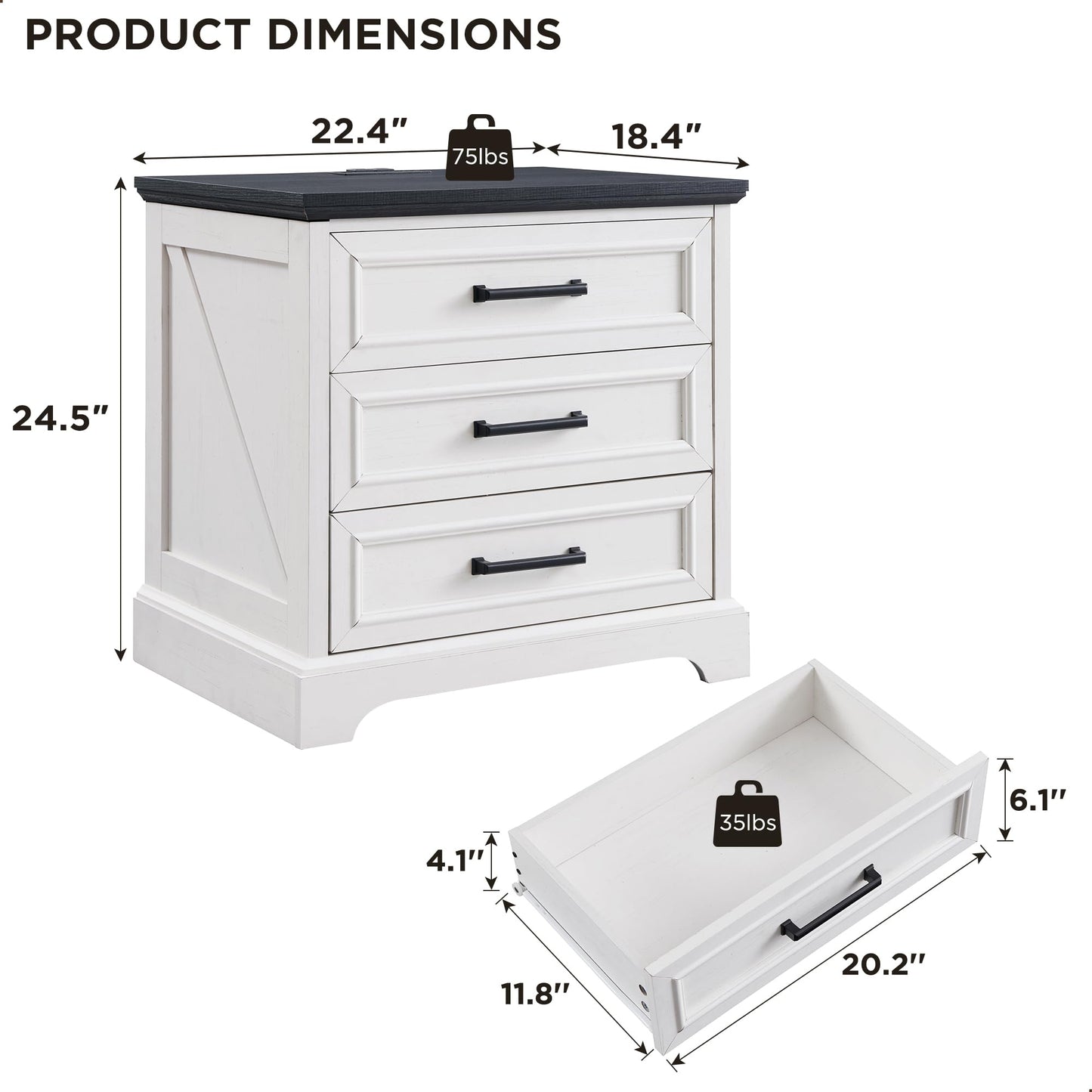 ACCOHOHO Farmhouse Nightstands Set of 2, 22 Inch Wide End Table with Charging Station & 3 Large Drawers, Rustic Wood Small Dresser Chest of Drawers for Bedroom, Living Room, Off White