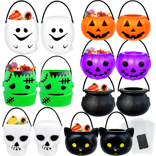 14 PCS Mini Halloween Candy Holder,Portable Pumpkin Ghost Cauldron Bucket with Candy Bags Black Wire Ties Halloween Party Supplies for Kids,Trick or Treat