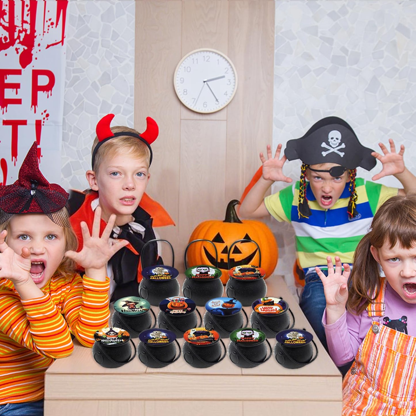 168 PCS Halloween Party Favors 24 Pack Prefilled Small Plastic Witch Cauldron Toys in Bulk Halloween Prizes Gifts Miniatures for Kids Trick or Treat,Halloween Miniatures Novelty Toys
