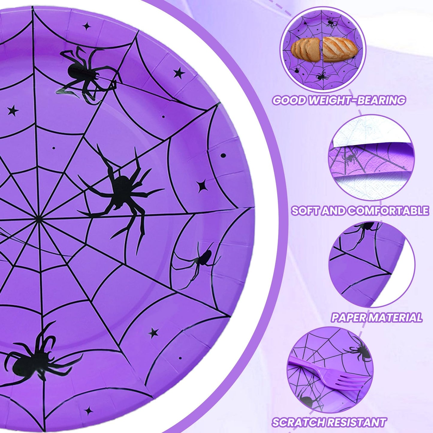 96 Pieces Halloween Spider Web Tableware Party Supplies - Disposable Dinnerware Set with Paper Plates, Napkins, and Forks for Spooky Halloween Party Supplies, Birthday Decorations - Serves 24 (Purple)