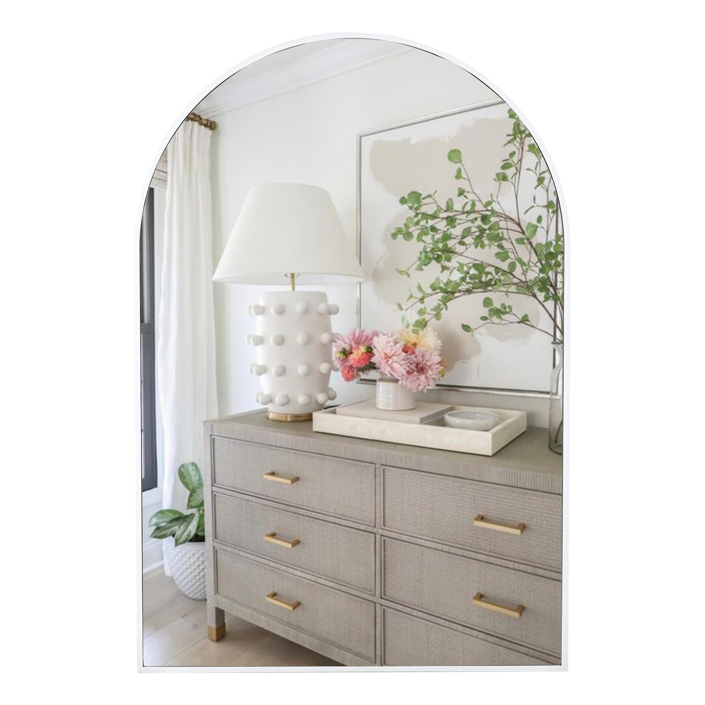 White Arched Wall Mirror 24 x 36 Inch, Modern White Wood Framed Arch Bathroom Mirror with Tempered Glass for Bathroom, Bedroom or Entryway