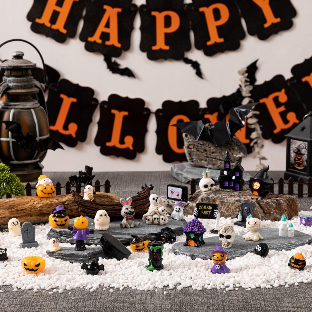 34pcs Mini Halloween Figurines-34 Styles Halloween Miniatures Resin Skull Tombstone Pumpkin Decoration Mini Figures to Hide Dollhouse Miniatures