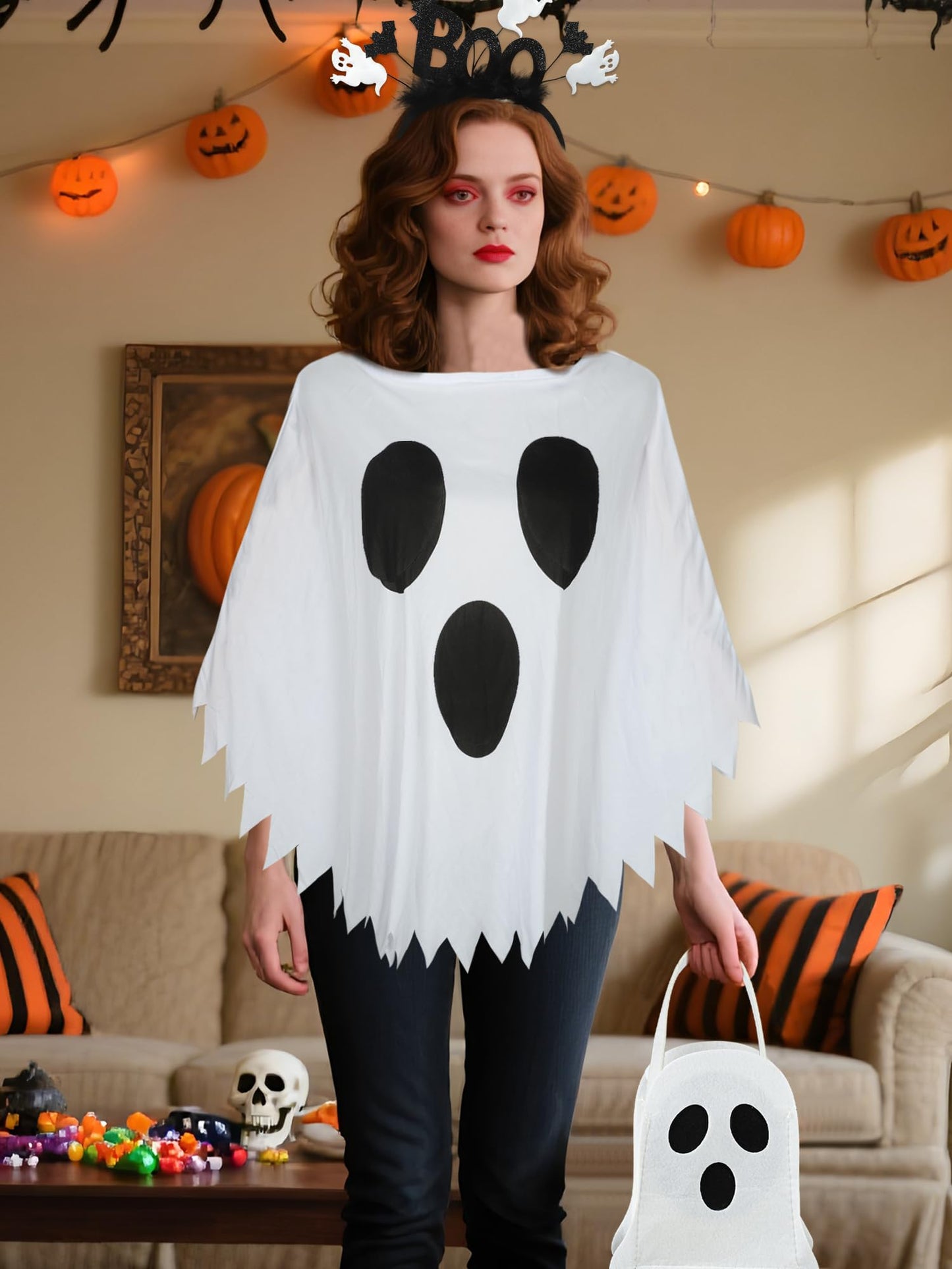 3PCS Halloween Costume Set Women Ghost Costume with White Ghost Poncho Boo Headband Candy Bag Halloween Ghosts Cape Outfit for Halloweens Cosplay Party