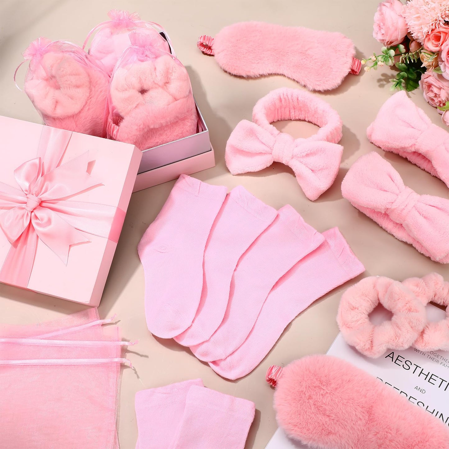 Wavyknot 30 Pcs Spa Party Favors Sleepover Party Supplies Include 6 Bow Headbands 6 Eye Masks 6 Pink Socks 6 Scrunchies 6 Organza Bags for Girls Women Slumber Spa Birthday Bachelorette Pajama Gifts