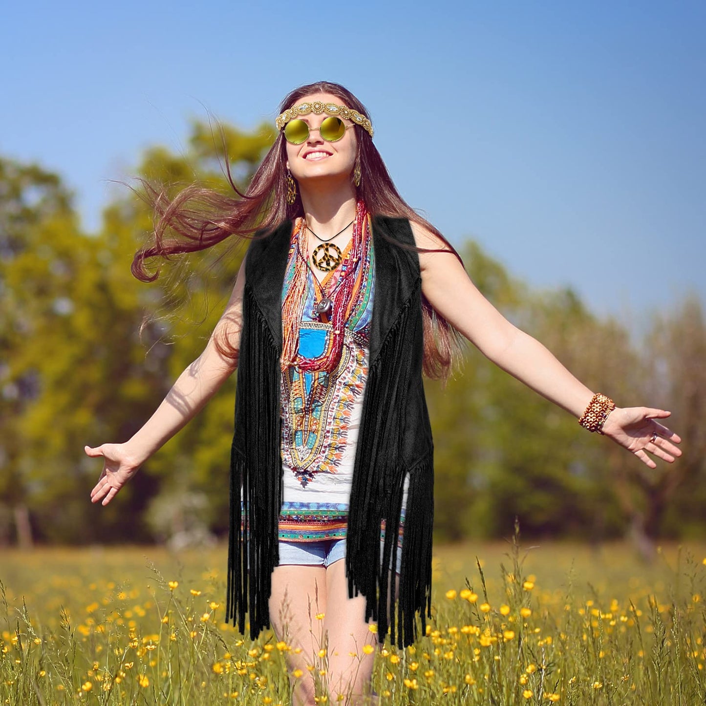 6 Pcs 60s 70s Outfits for Women Hippie Costume Set Peace Sign Earring Headband Fringe Vest Tassel Cardigan (Black,X-Large)